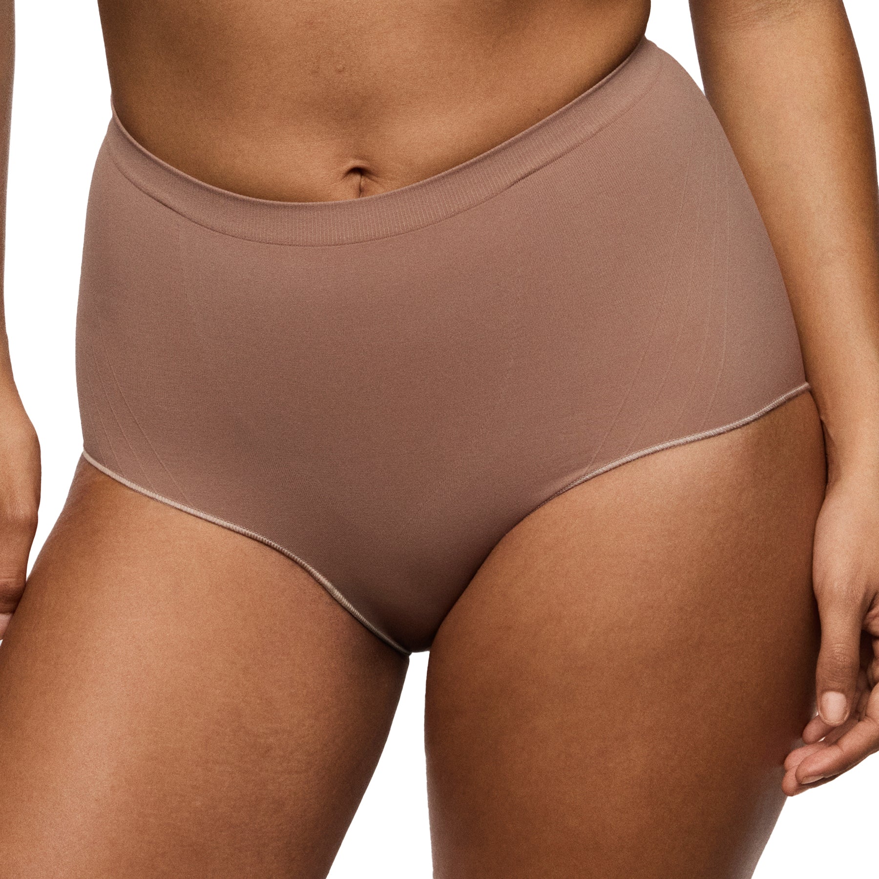 Front view of high-waisted tummy control brief in mocha nude shade
