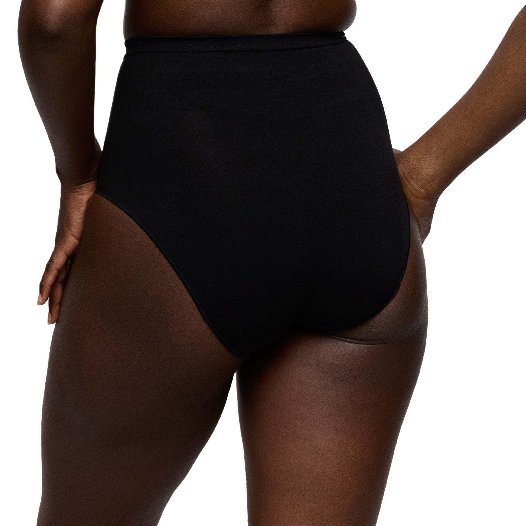 Back view of black high-rise control brief with full coverage and smooth finish