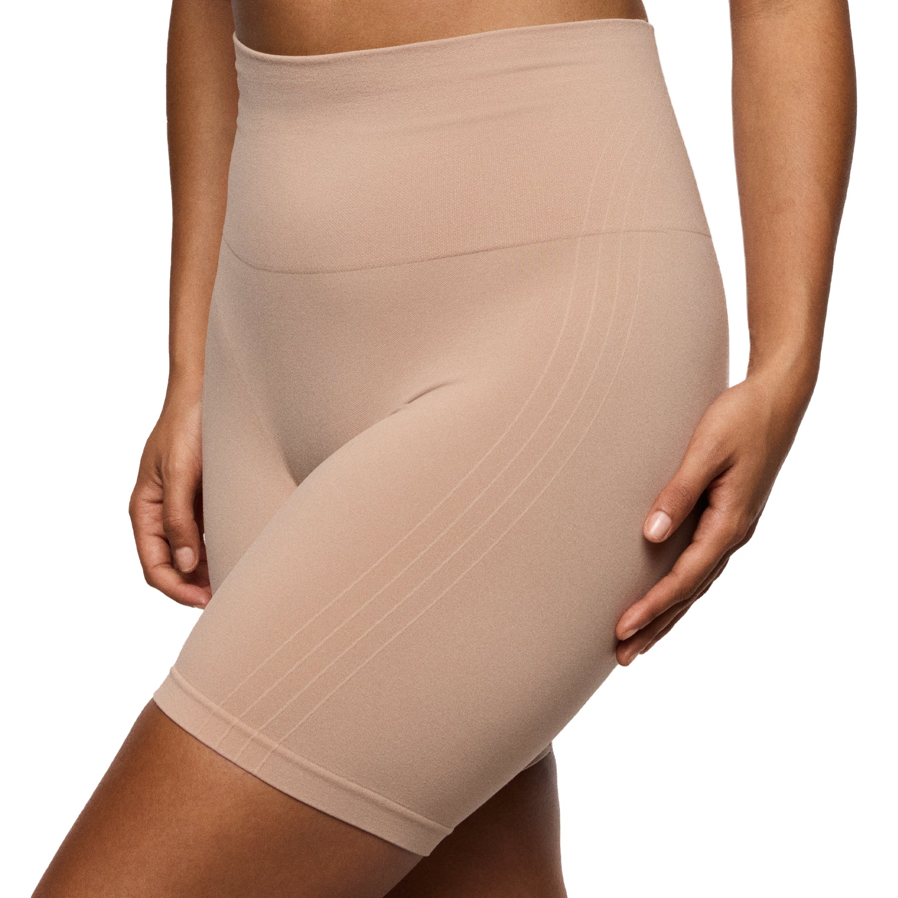 Side view of nude seamless tummy control shorts with smooth, invisible finish