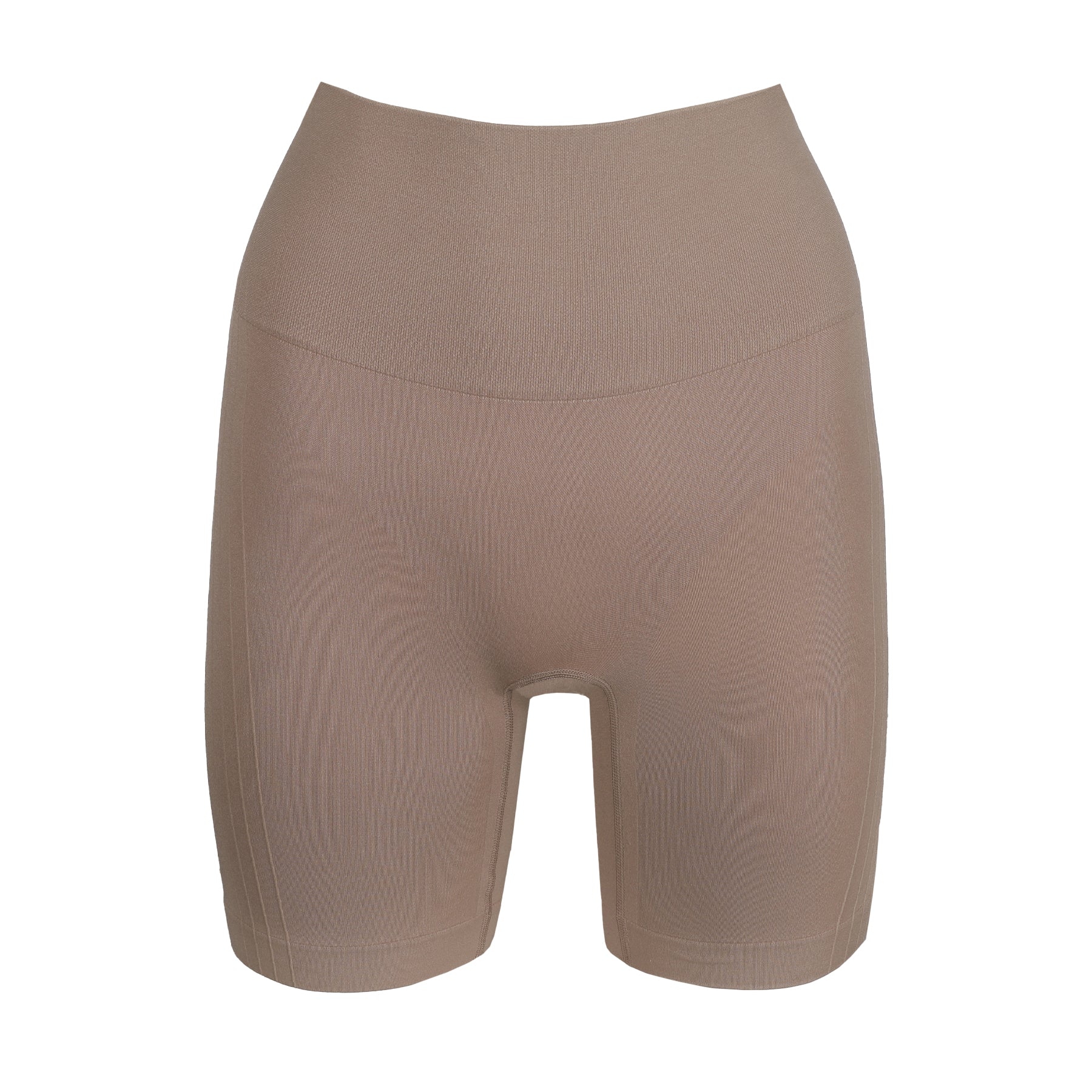 Front view of seamless high-waisted shaping shorts in warm nude with thigh coverage