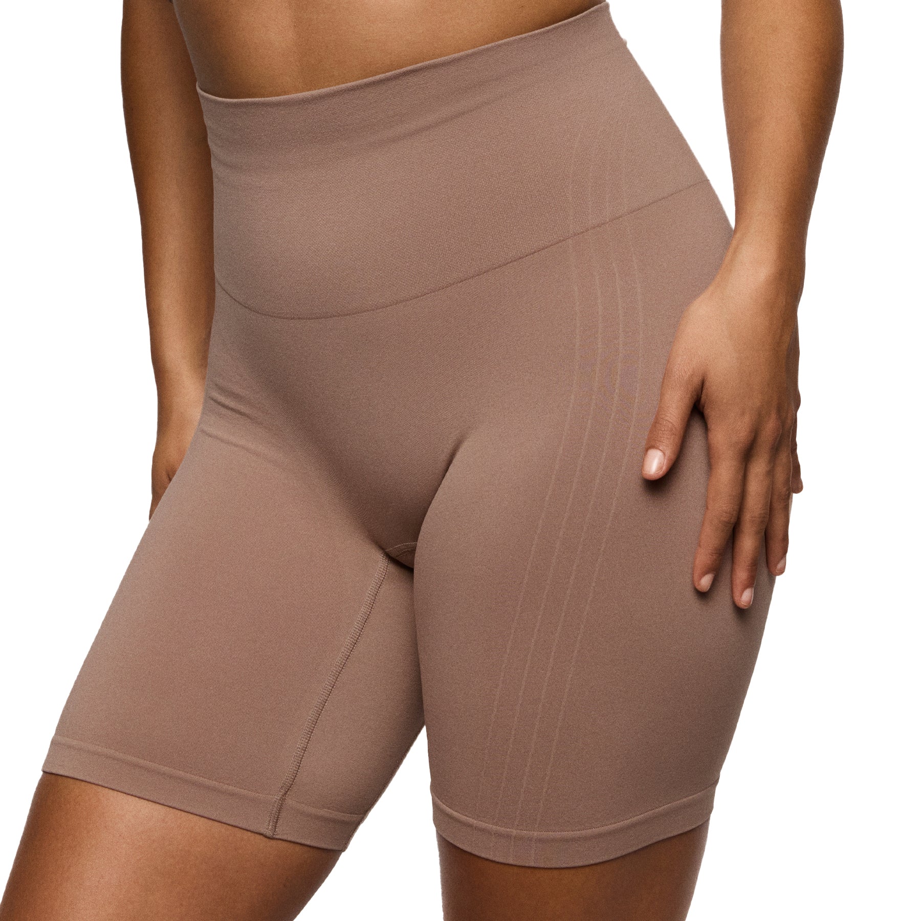 Angled front view of seamless shaping shorts designed to prevent thigh friction