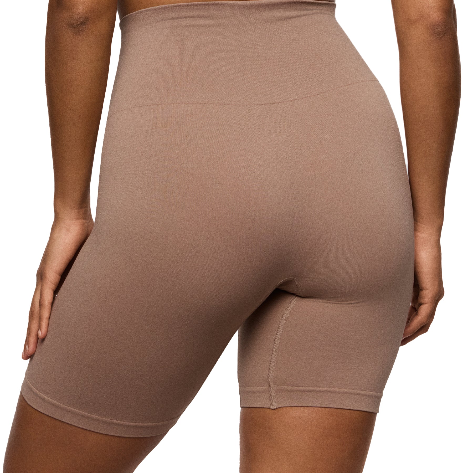 Back view of high-waisted smoothing shorts with full coverage and second-skin finish