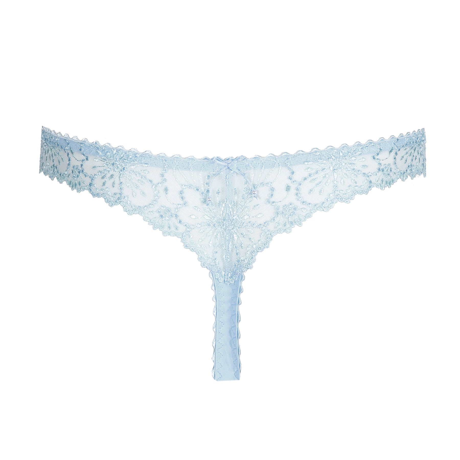 Back view of light blue lace thong with scalloped edges and sheer embroidered mesh