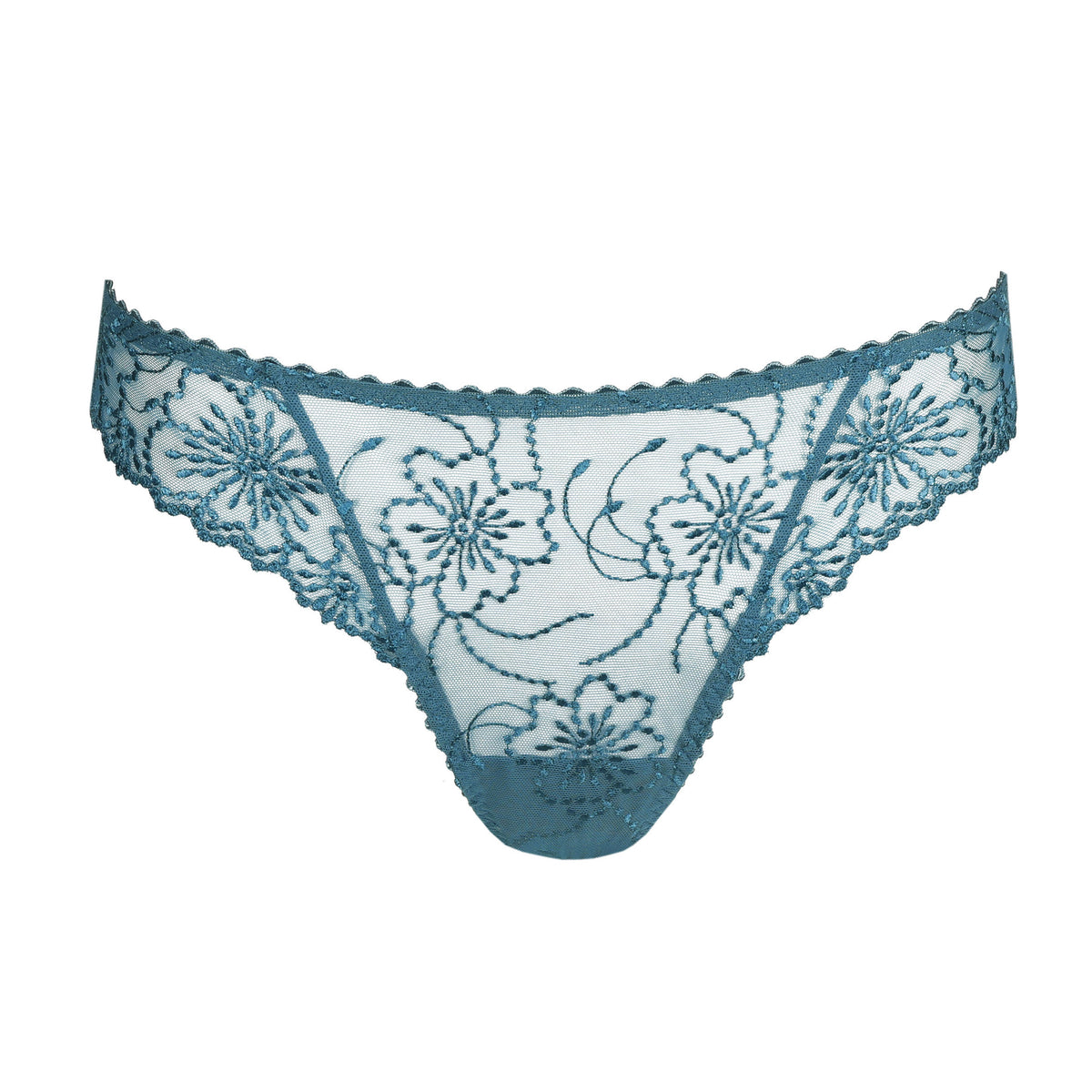 Peacock teal thong featuring sheer mesh with intricate floral embroidery and delicate scalloped lace trim.