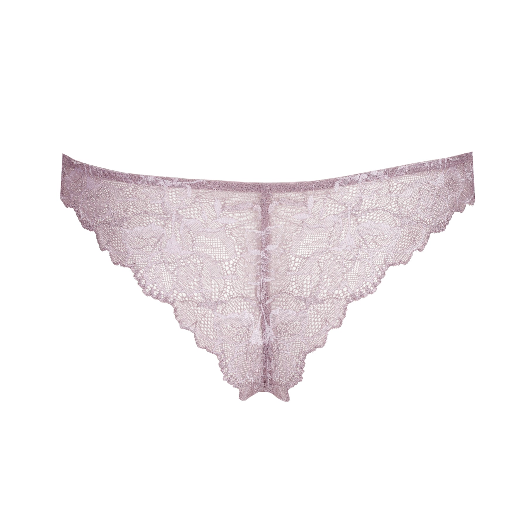 Back view of pastel orchid lace thong featuring sheer floral lace and scalloped trim