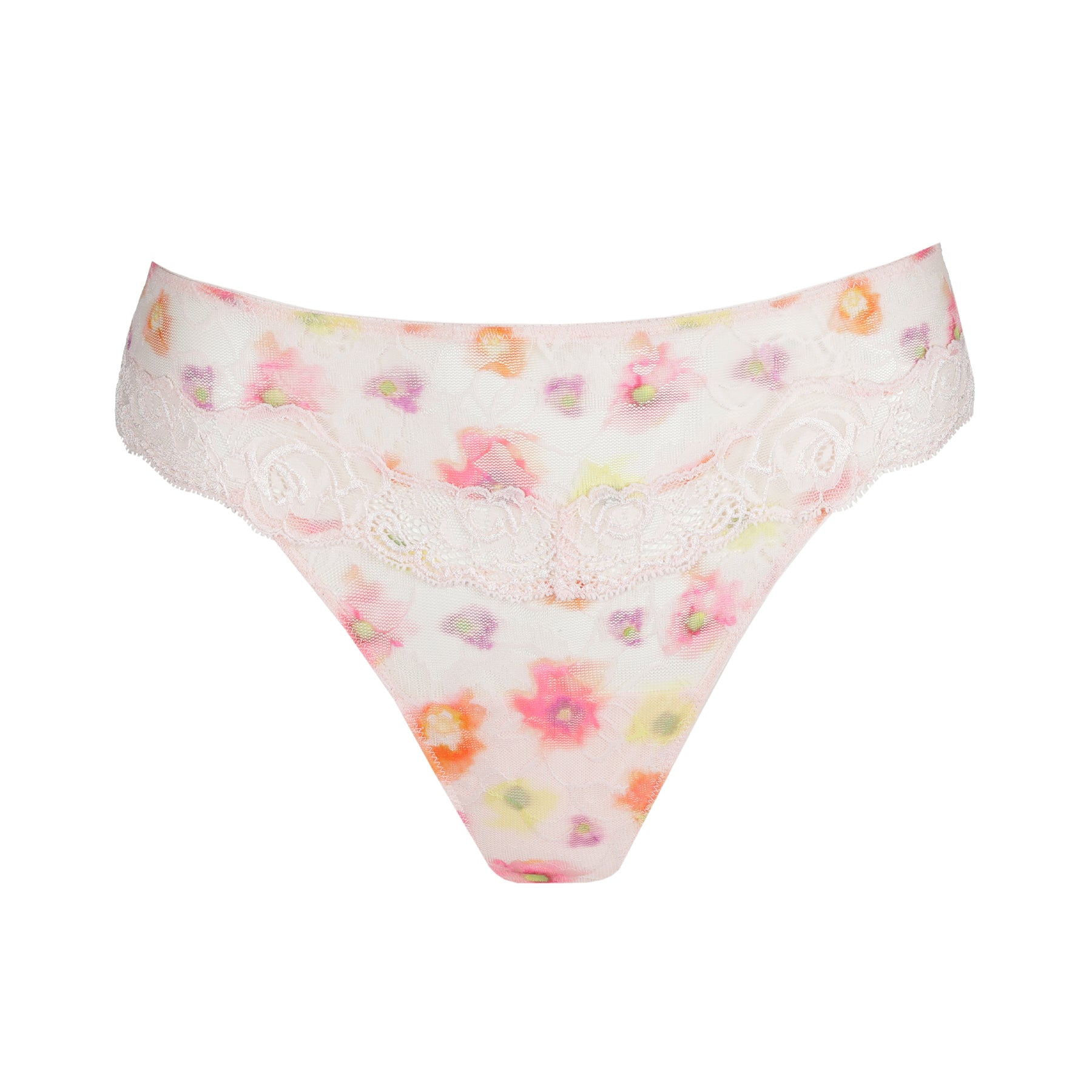Product image of a thong featuring a pastel watercolor floral mesh front with scalloped lace detail.