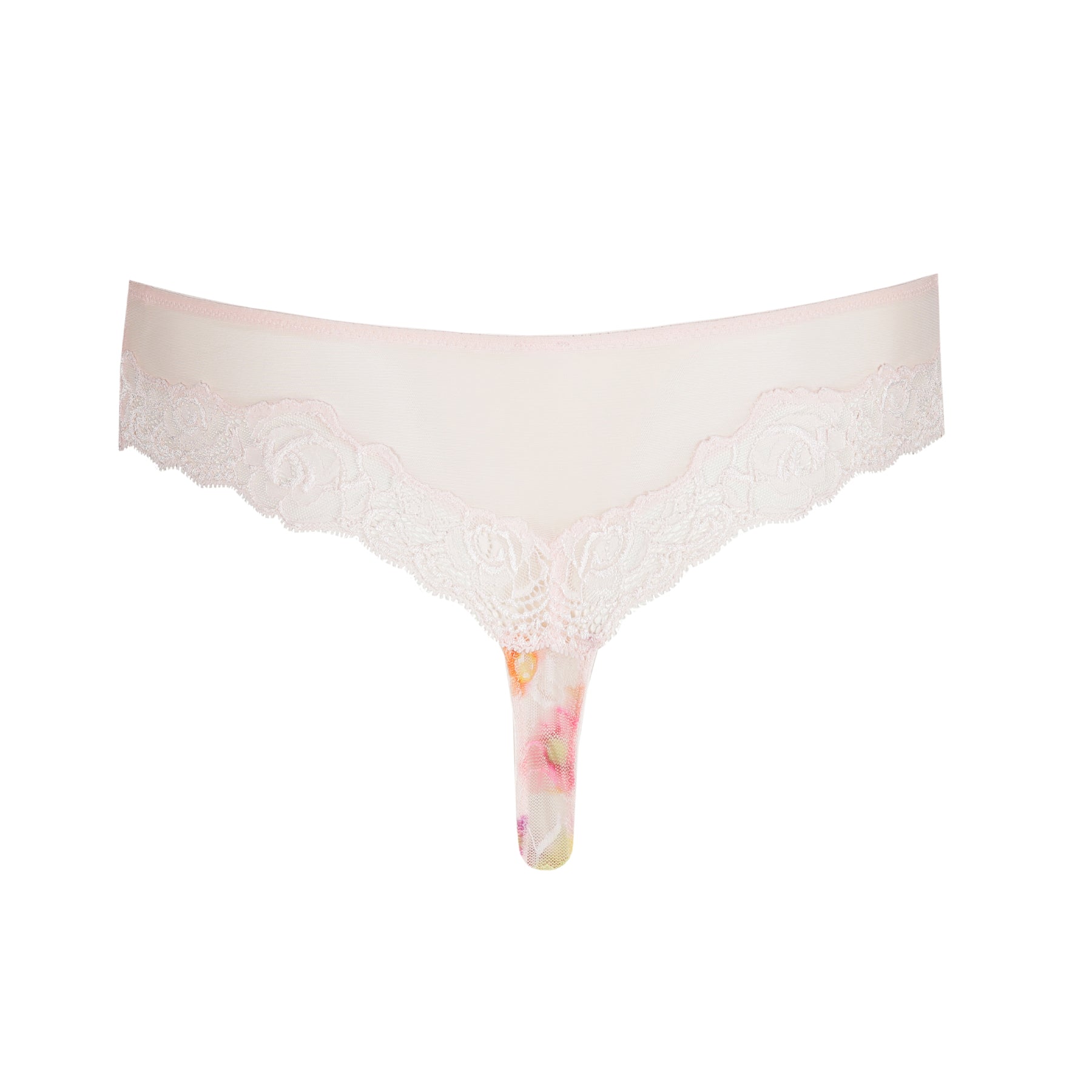Back view of the thong laid flat, showing a pale pink microfiber waistband and lace trim above the printed mesh panel.