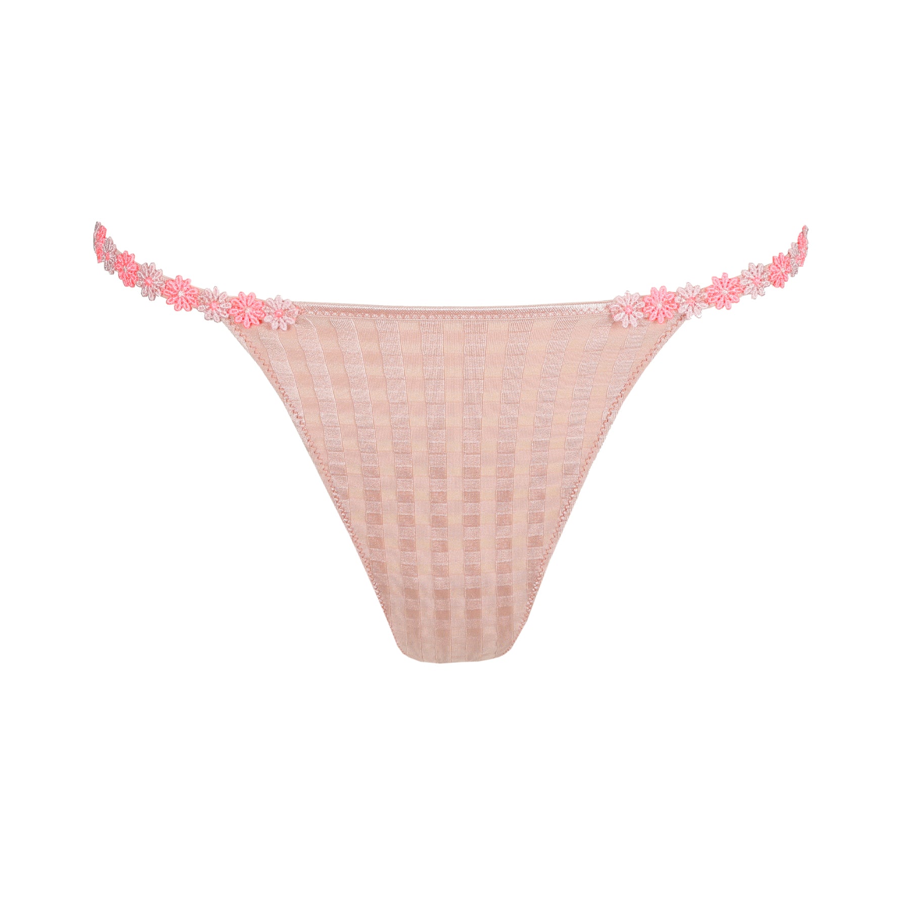 Flat lay of pink gingham thong with daisy-inspired floral embroidery straps.