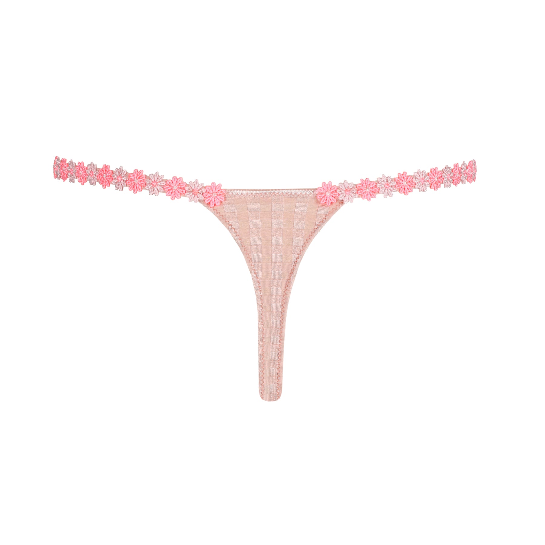 Back view of pastel pink gingham thong with minimal coverage and floral embroidery straps.
