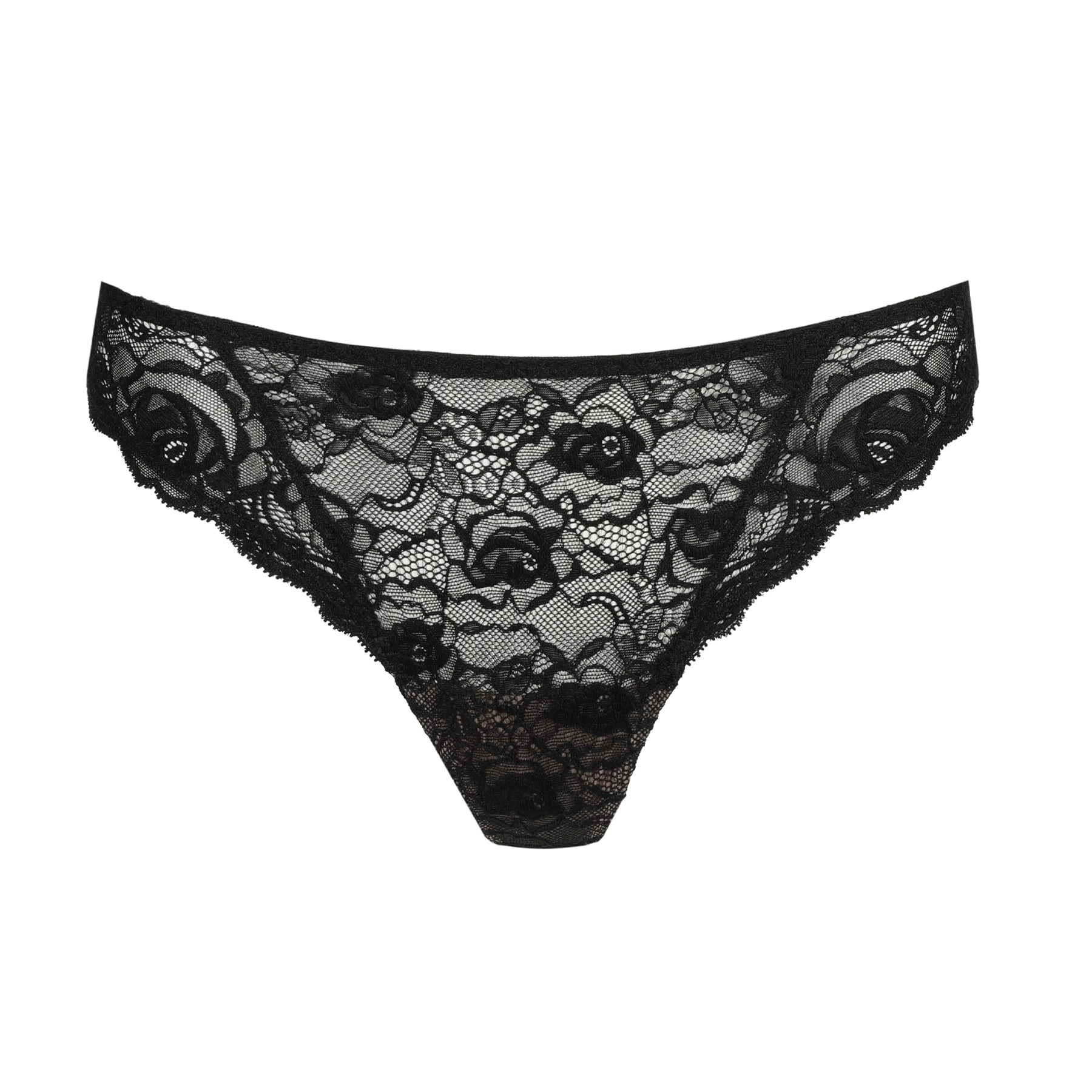 Front view of a black lace thong featuring soft floral motifs and a smooth waistband.