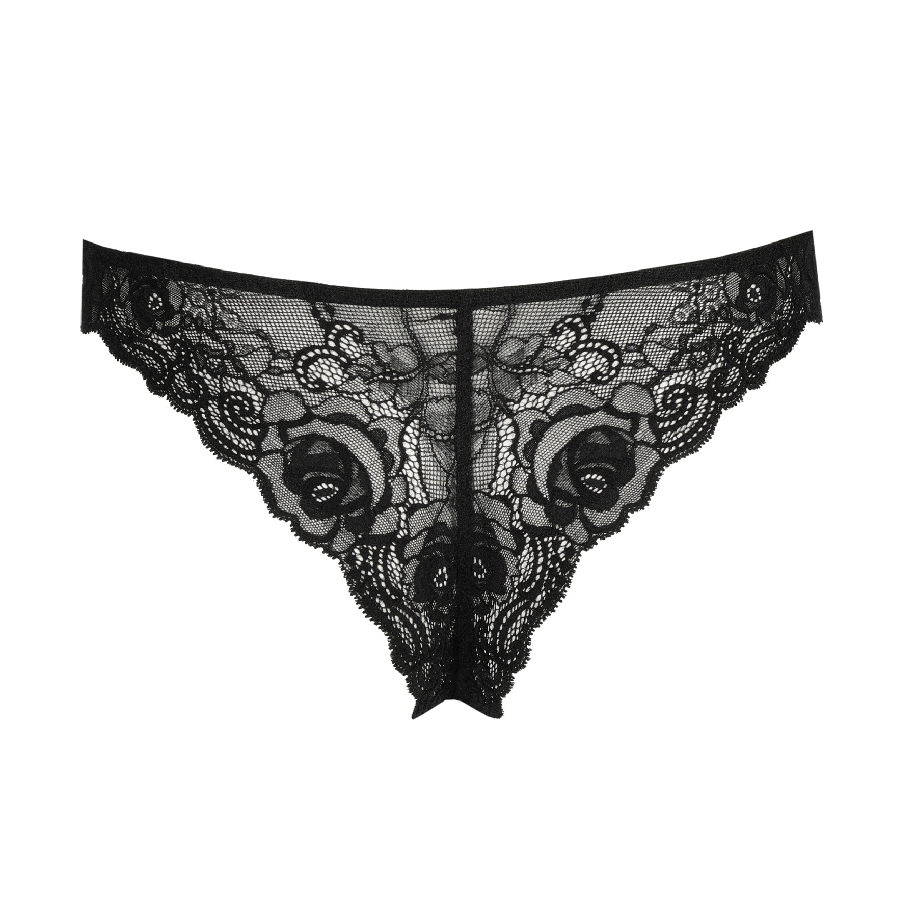 Back view of a black thong showcasing semi-sheer floral lace and refined scalloped trim.
