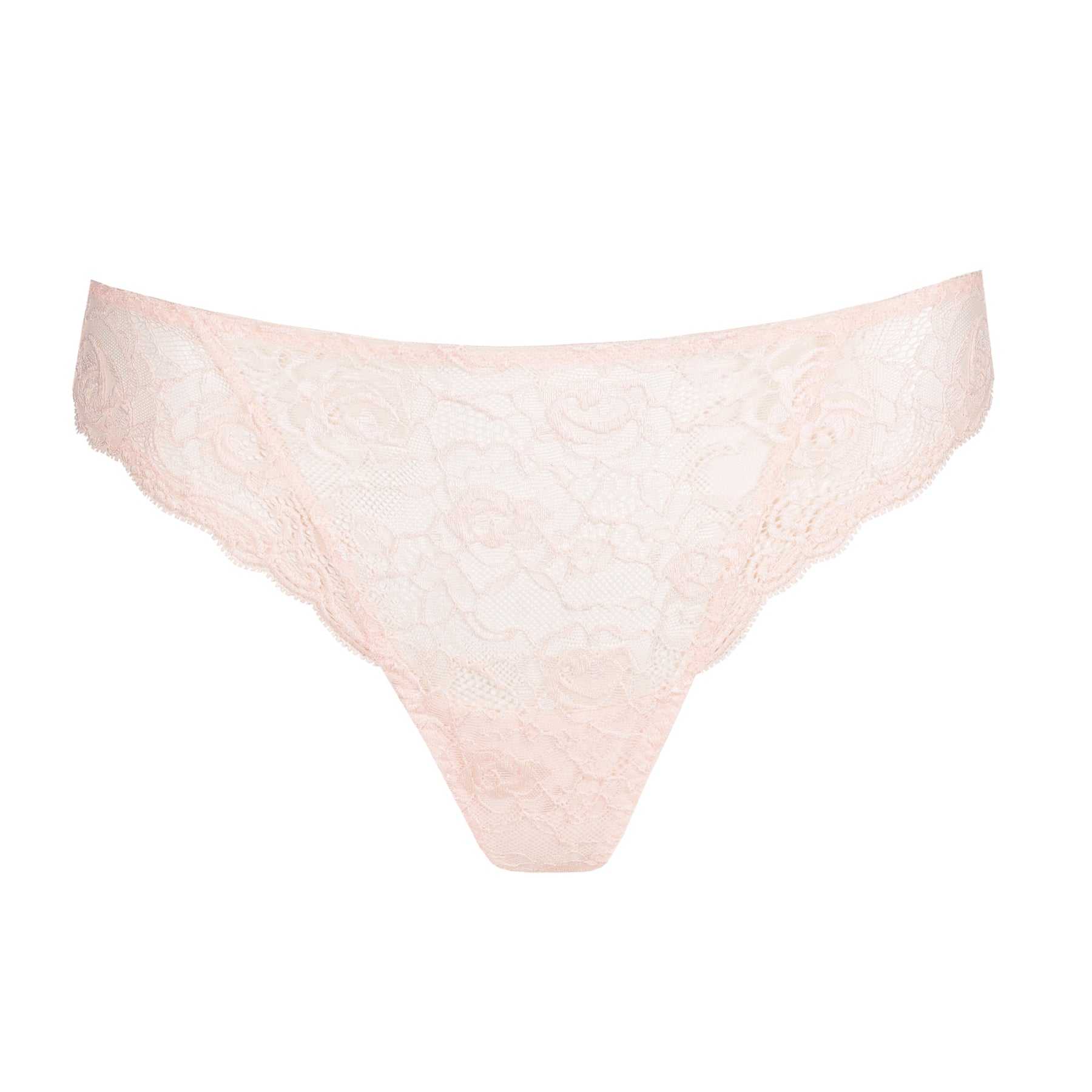 Front product view of blush pink thong featuring sheer floral lace with scalloped trim