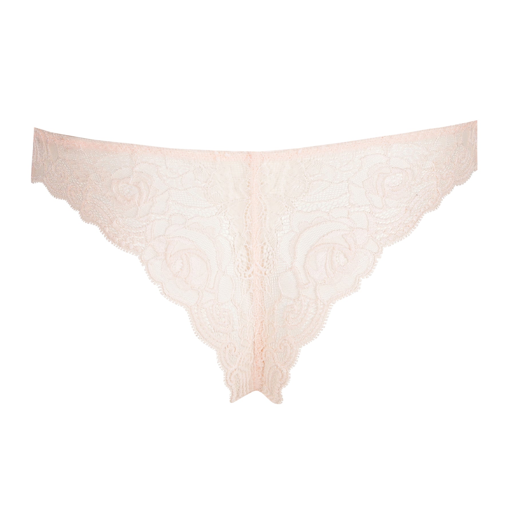 Back product view of blush pink thong showcasing intricate rose-patterned lace.