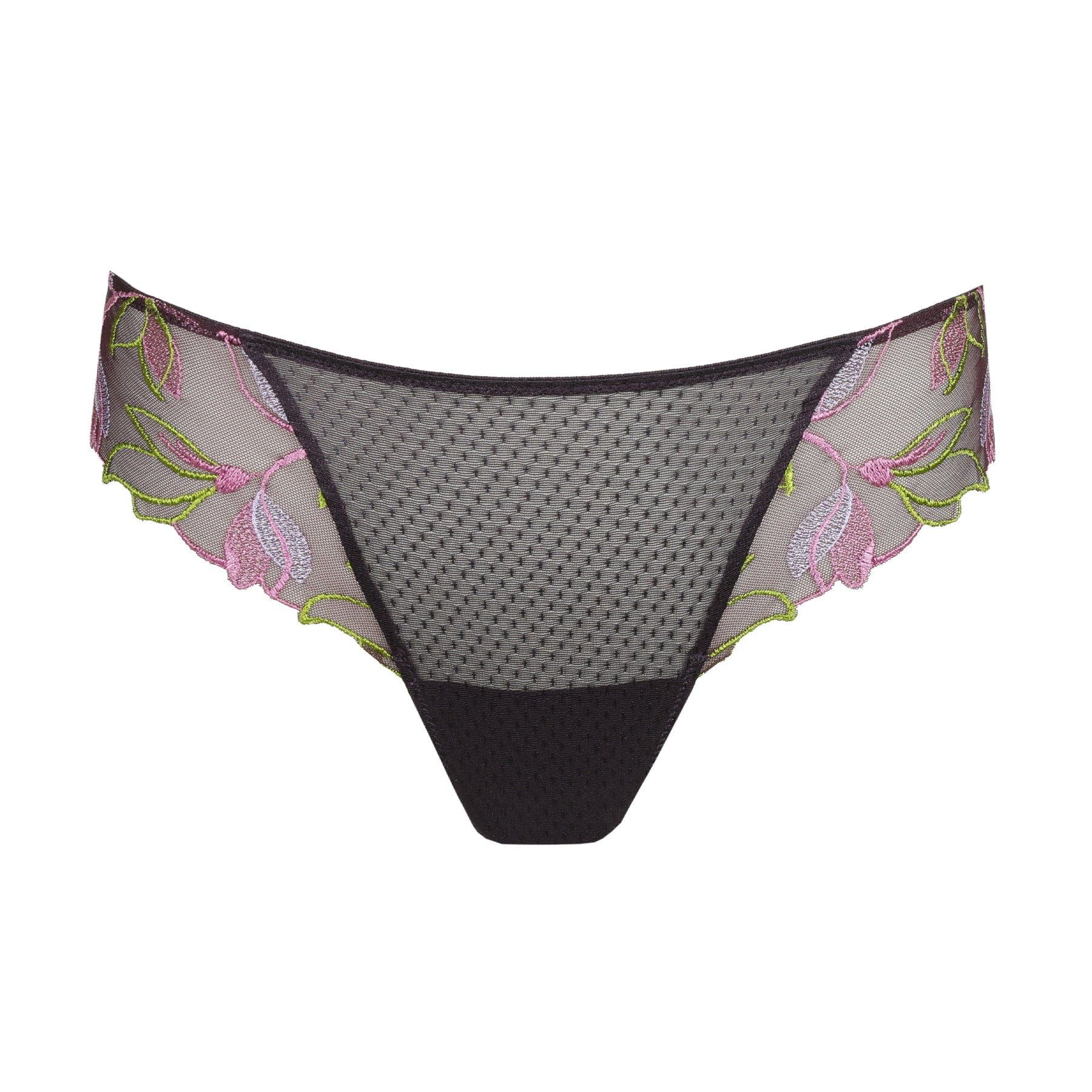 Front view of plum mesh thong with floral embroidery and scalloped edges
