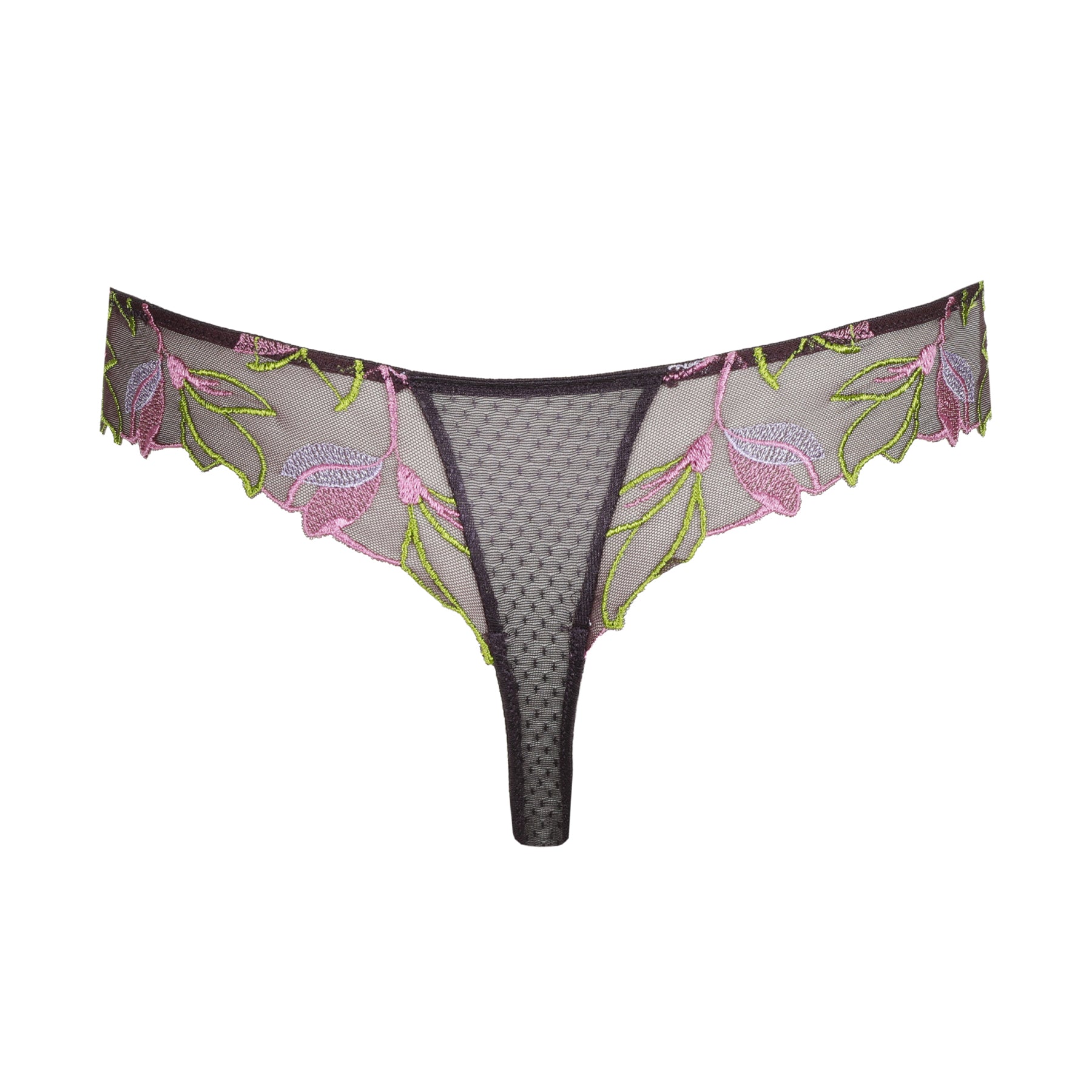 Back view of sheer embroidered thong in plum with V-cut design and multicolour floral embroidery