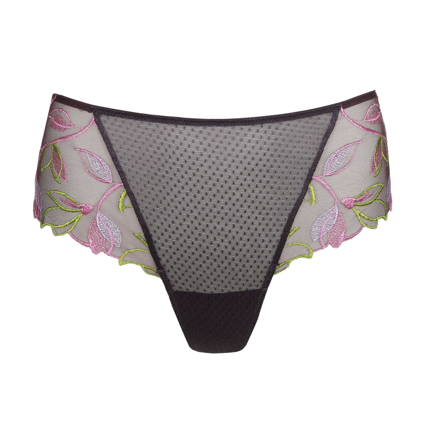 Front view of sheer plum embroidered brief with mesh centre panel and floral embroidery on the sides