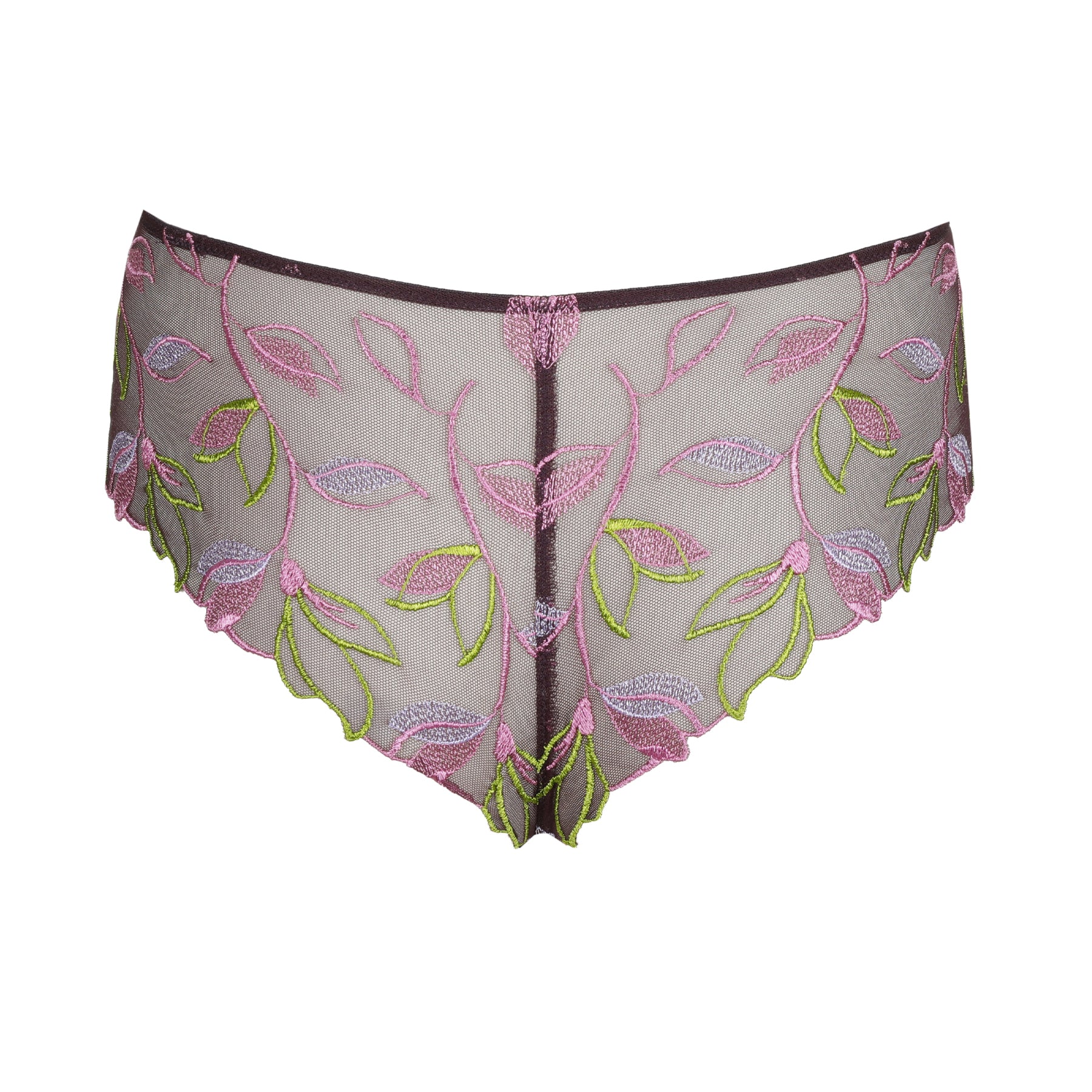 Back view of plum sheer mesh brief with vibrant floral embroidery in pink, lavender, and green tones