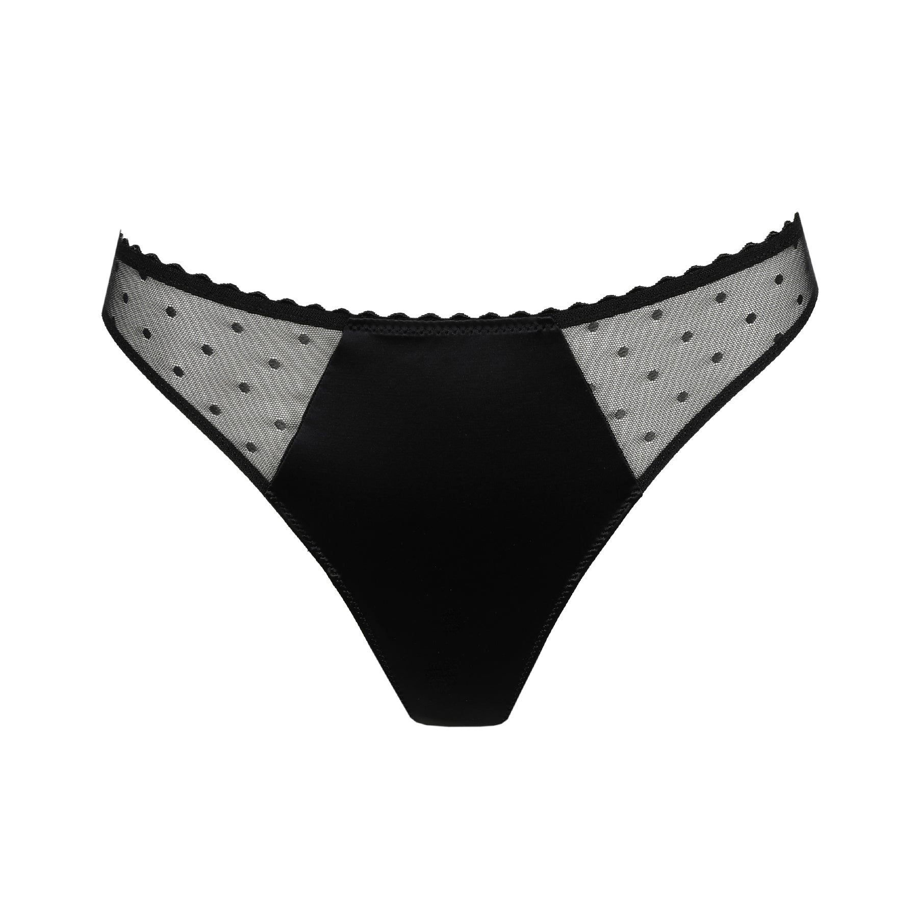 Marie Jo Noova black thong shown flat, featuring smooth satin-look front panel and sheer dotted mesh sides.