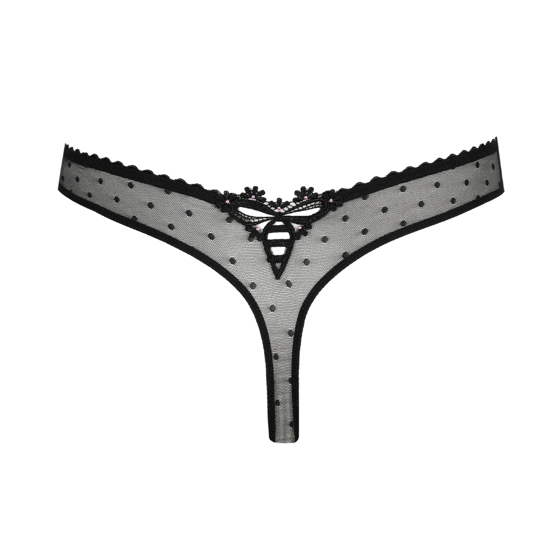 Rear view of black Noova thong with minimalist cut and semi-sheer polka-dot mesh waistband.