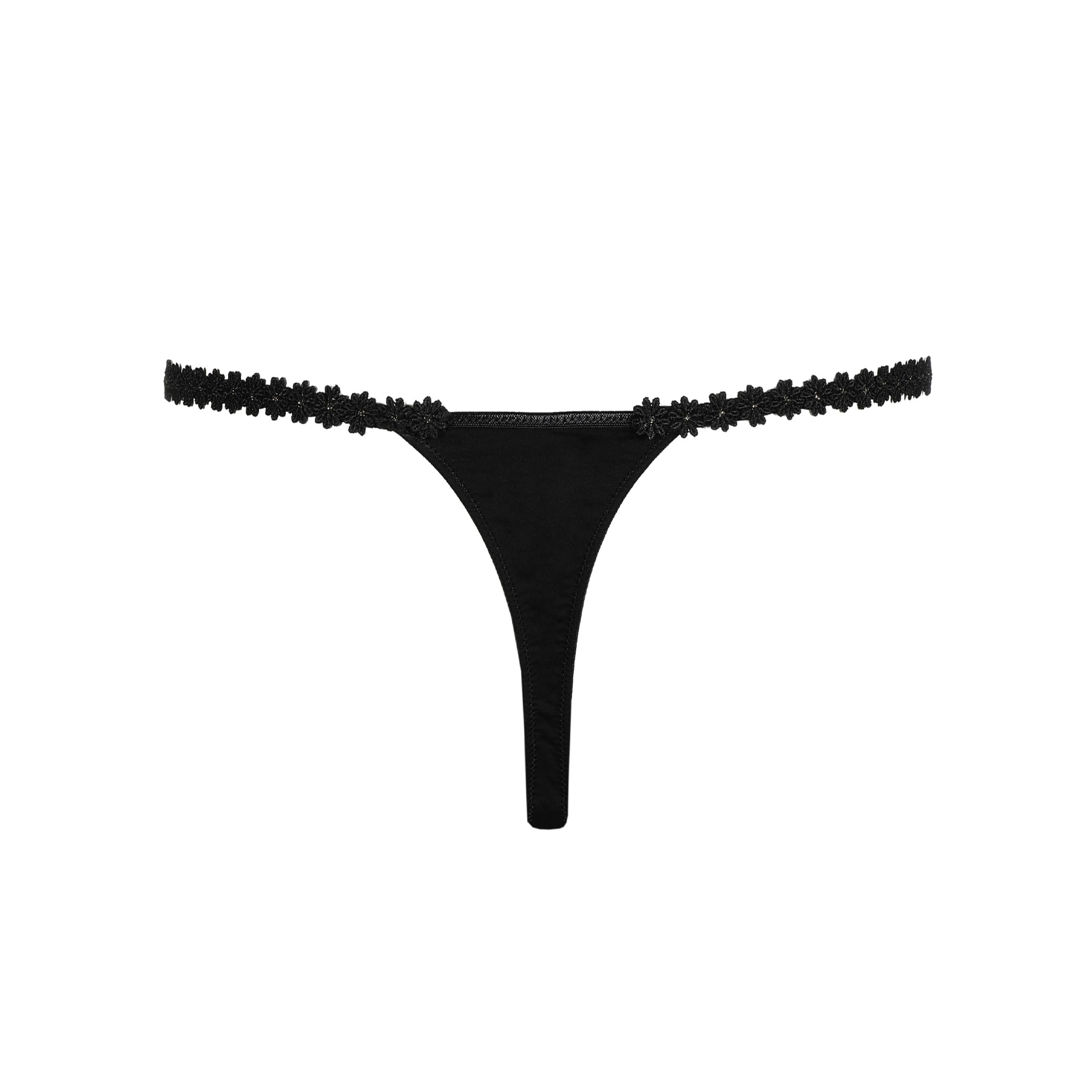 Back view of a black thong with a smooth, minimal design and lace-trimmed waistband.