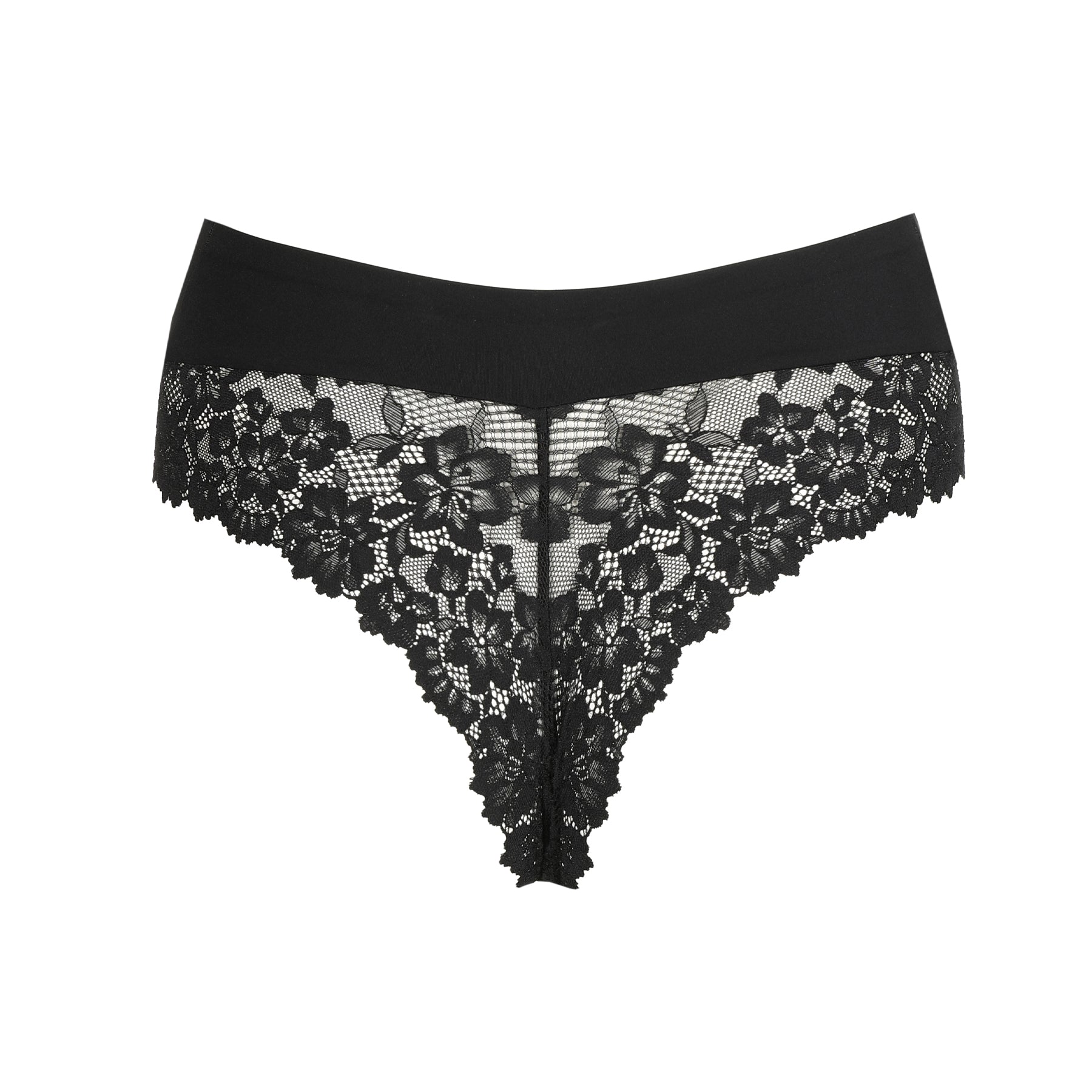 Black floral lace thong with scalloped lace edges and sheer lace back design