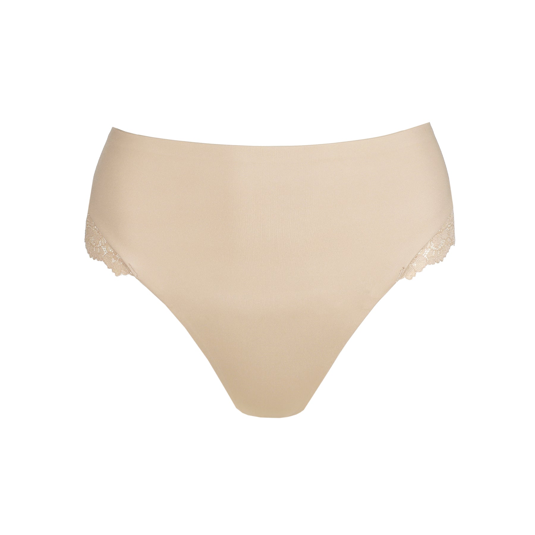 Nude thong with smooth seamless front panel and lace side details on white background