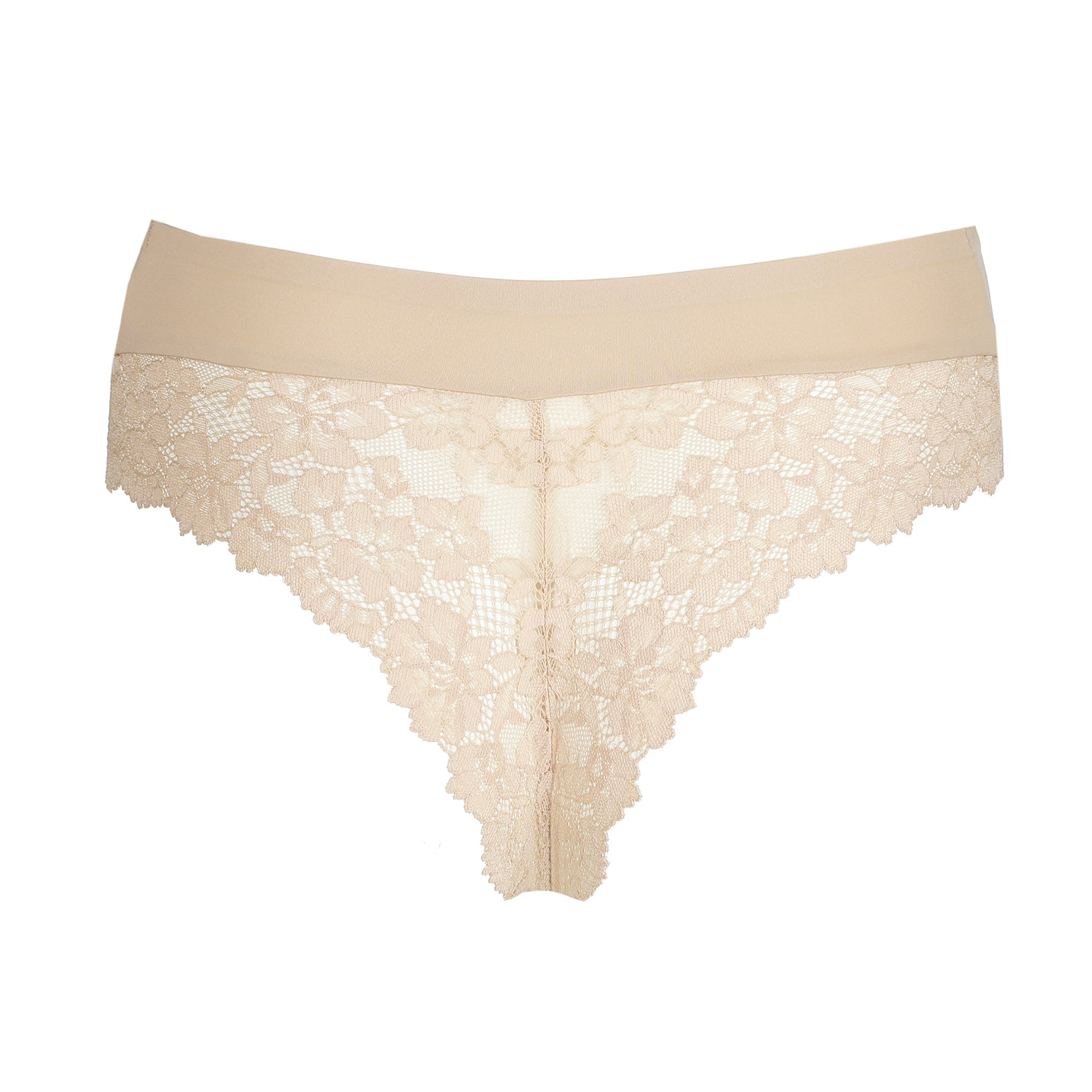 Nude floral lace thong with scalloped lace edges and soft elastic waistband