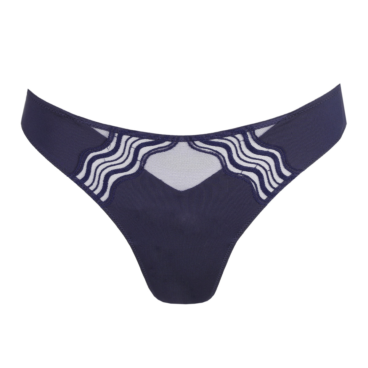 Marie Jo Linaa Thong in Evening Blue, front product view with sheer mesh panels and wave embroidery