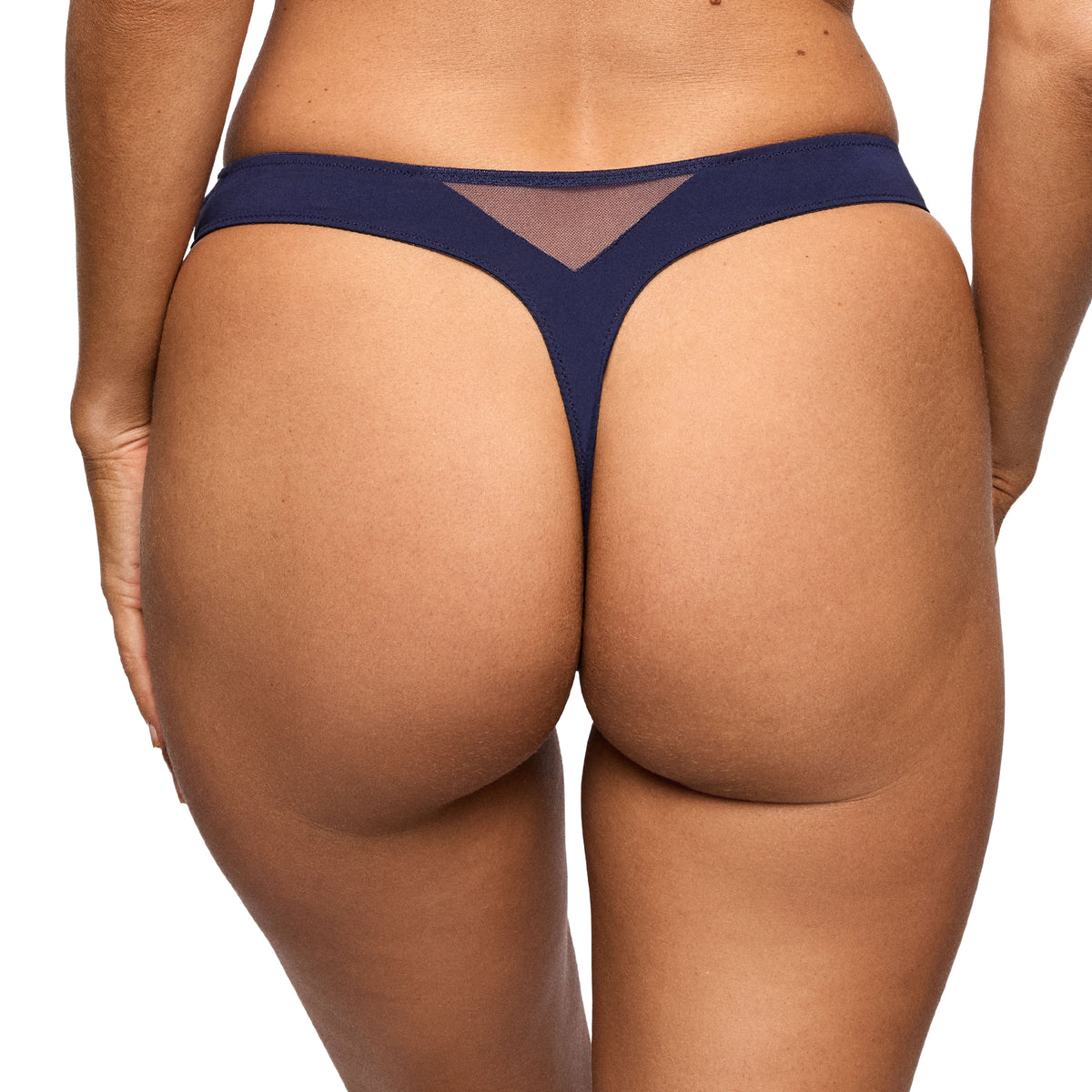 Back view of Marie Jo Linaa Thong in Evening Blue with minimal coverage and sheer mesh detail