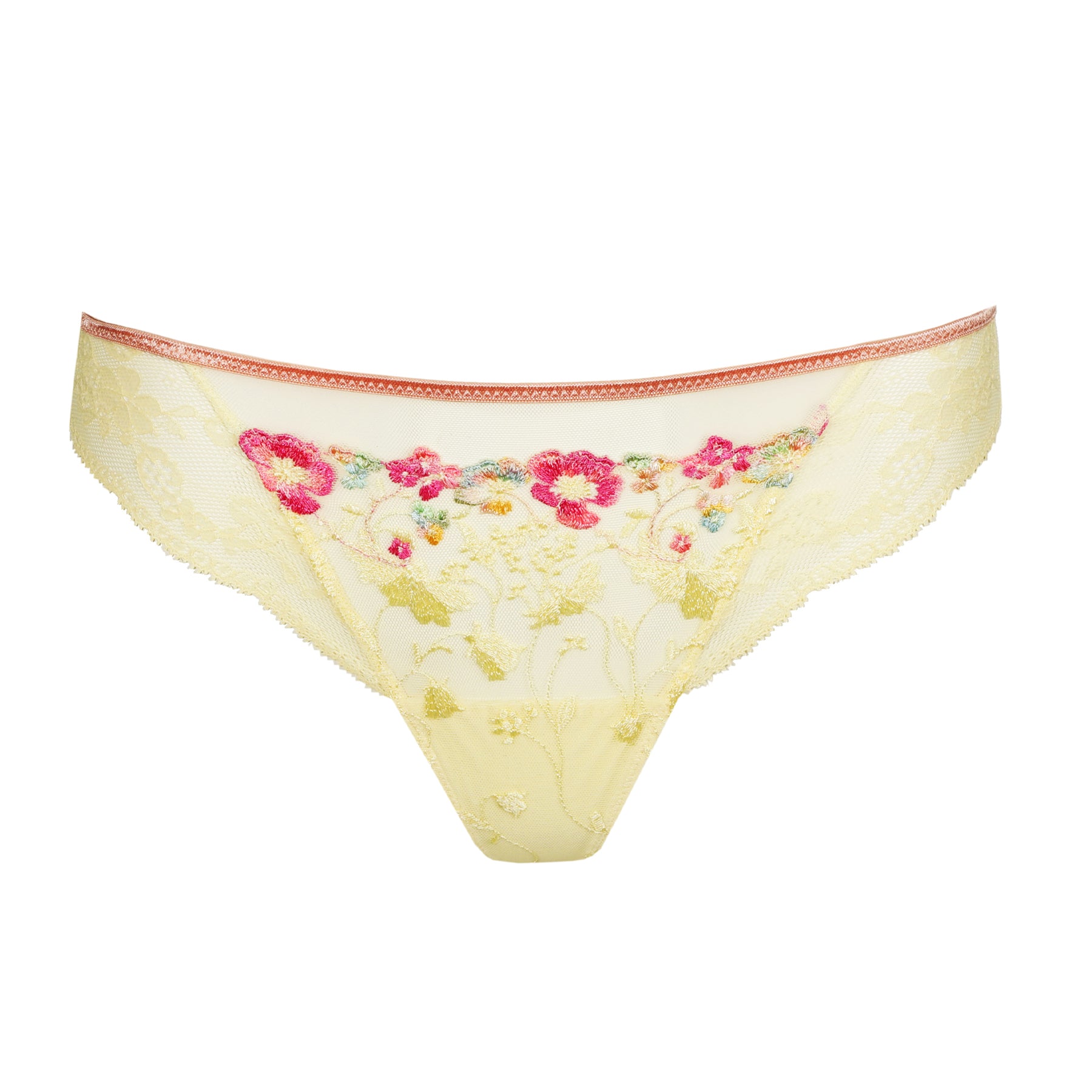 French vanilla embroidered thong with pink floral detailing and sheer lace front panel on white background.