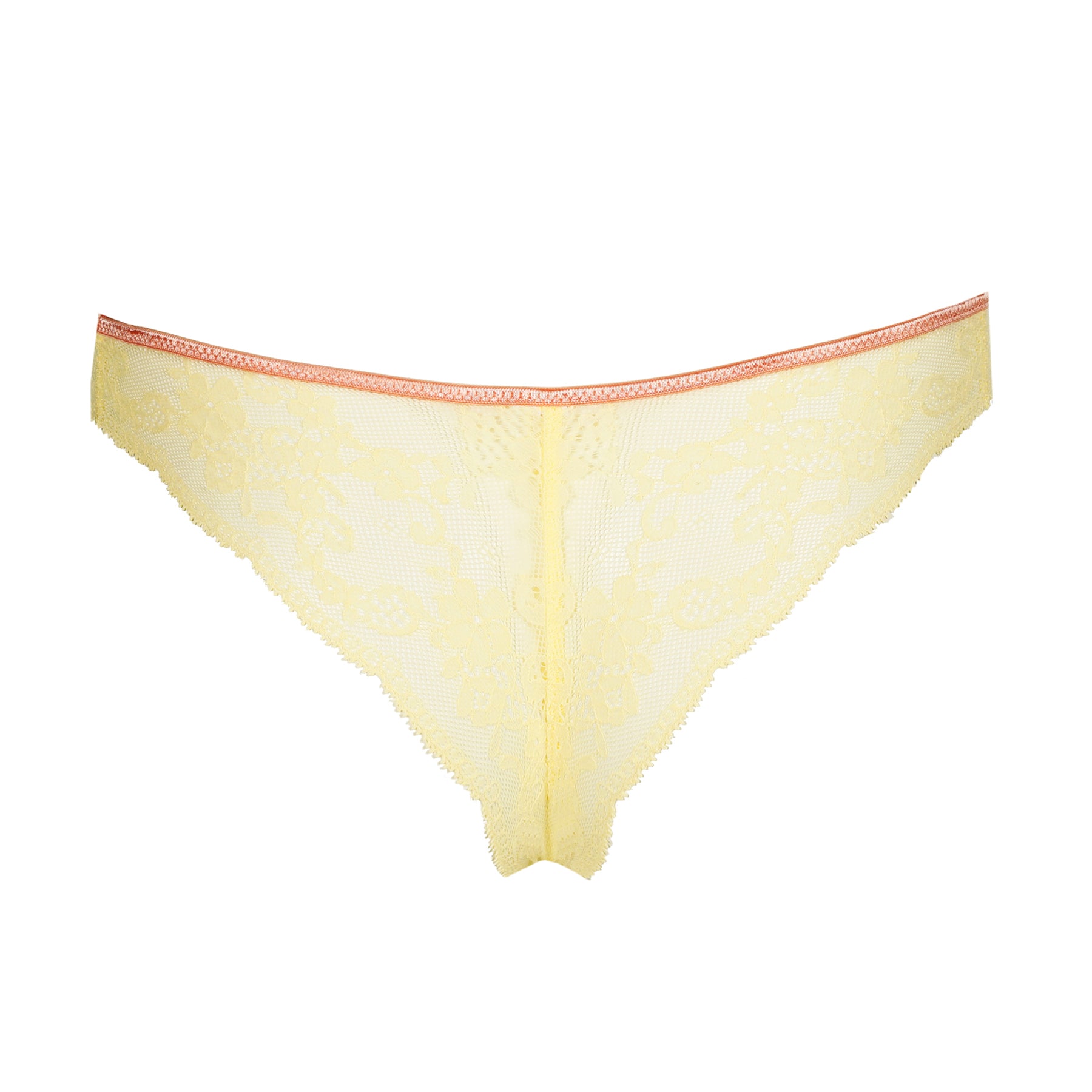 Back view of French vanilla lace thong featuring delicate floral mesh and scalloped trim on white background.