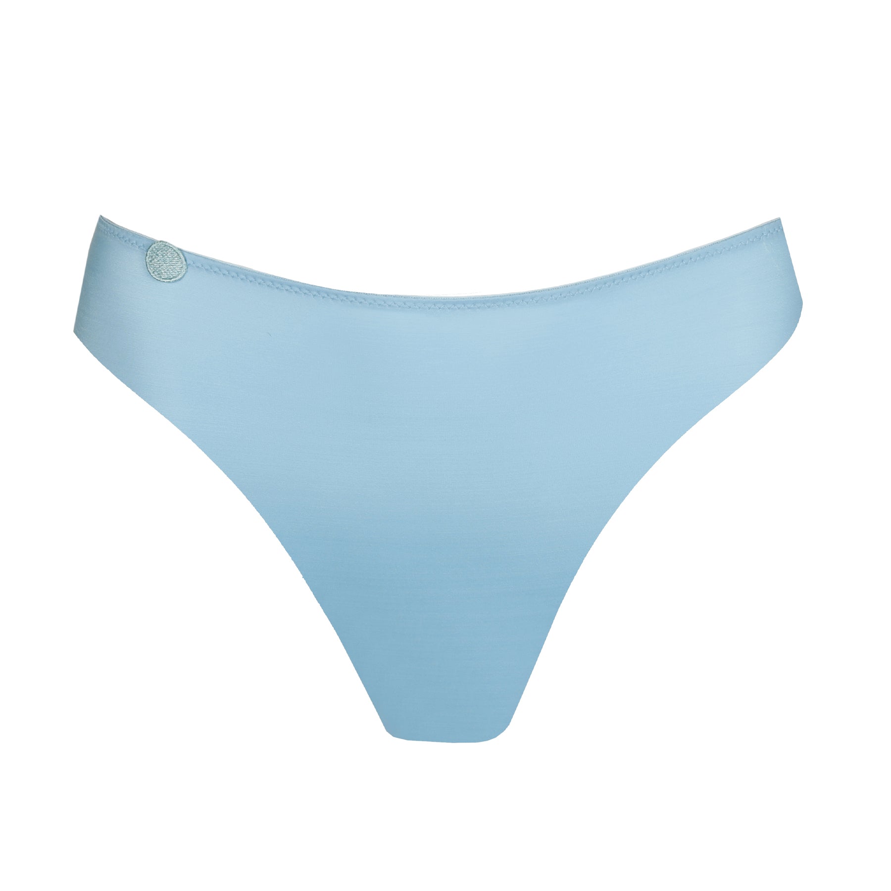 Product image of a light blue thong with smooth, satin-like fabric and a small round detail on the waistband.