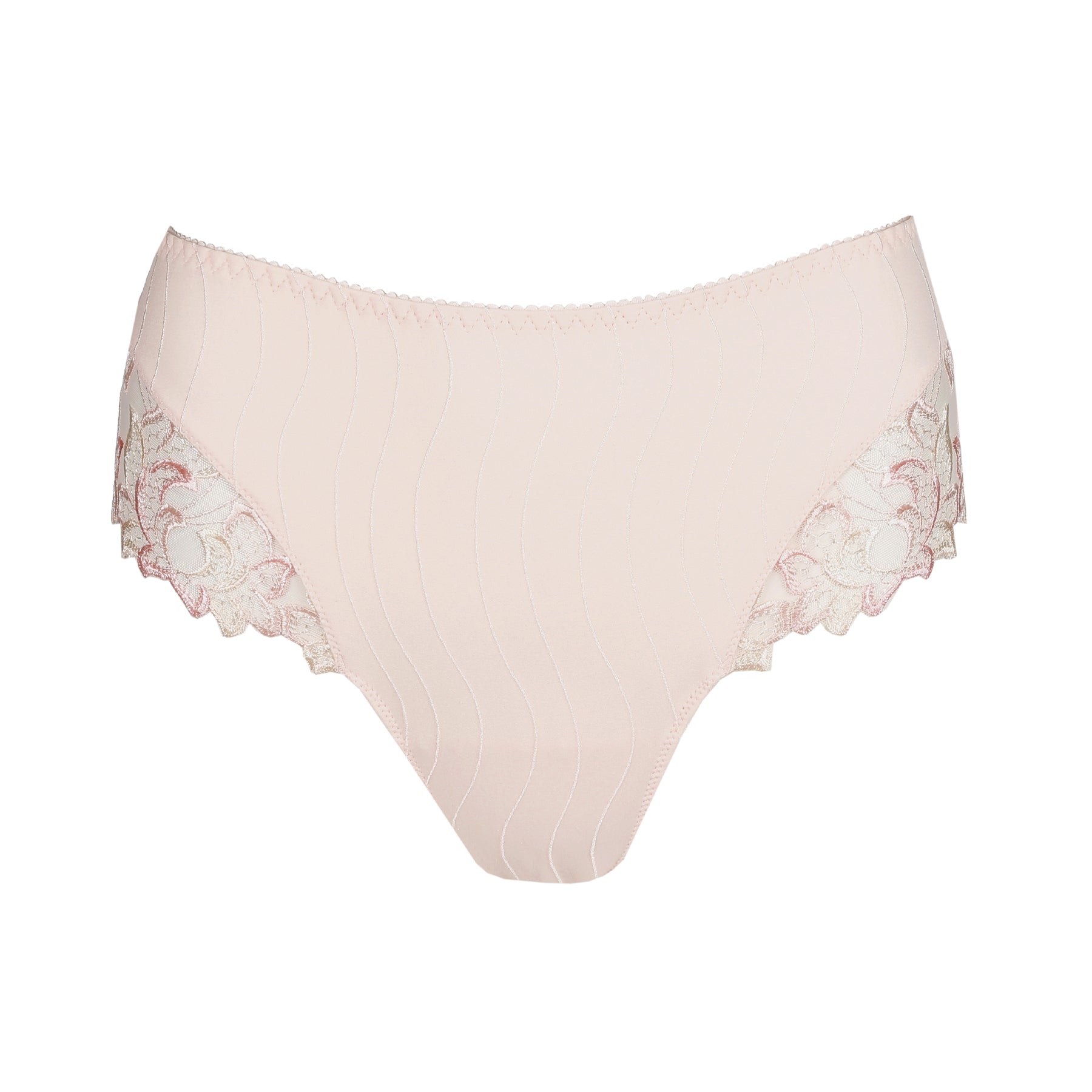 Front view of a nude thong laid flat on a white background, highlighting the smooth microfibre front and lace side details.