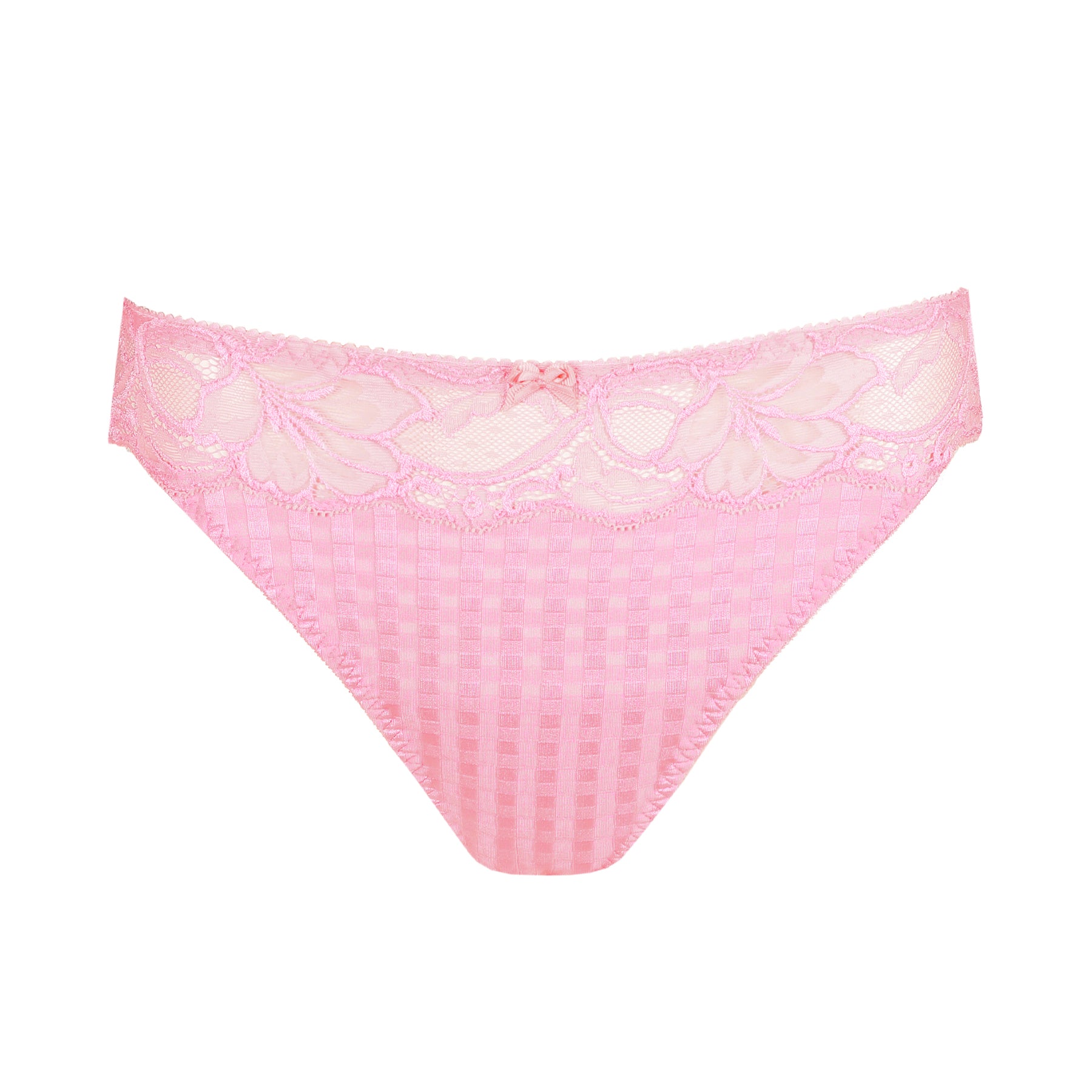 Pink lace bikini bottom on a white background