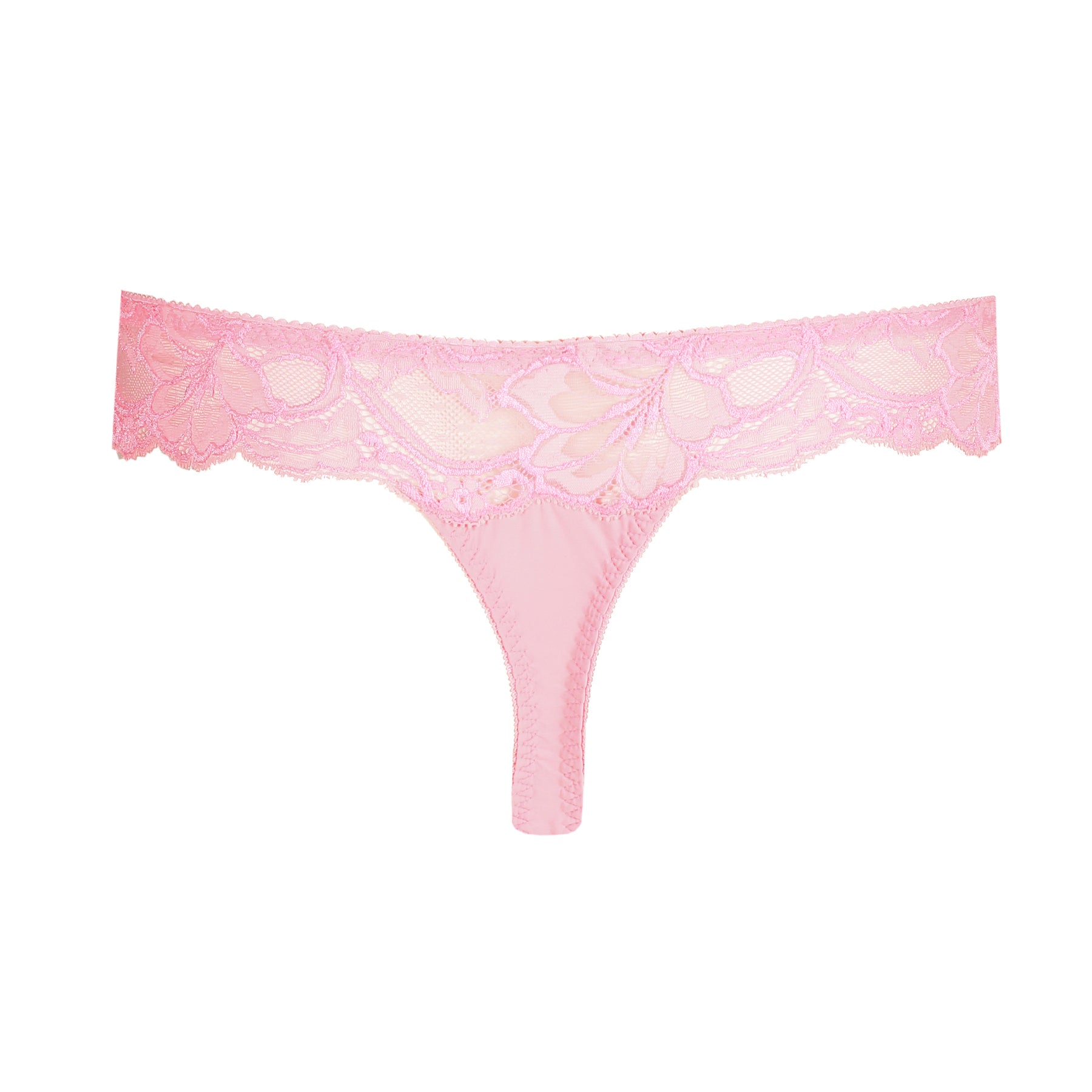 Pink lace thong on a white background