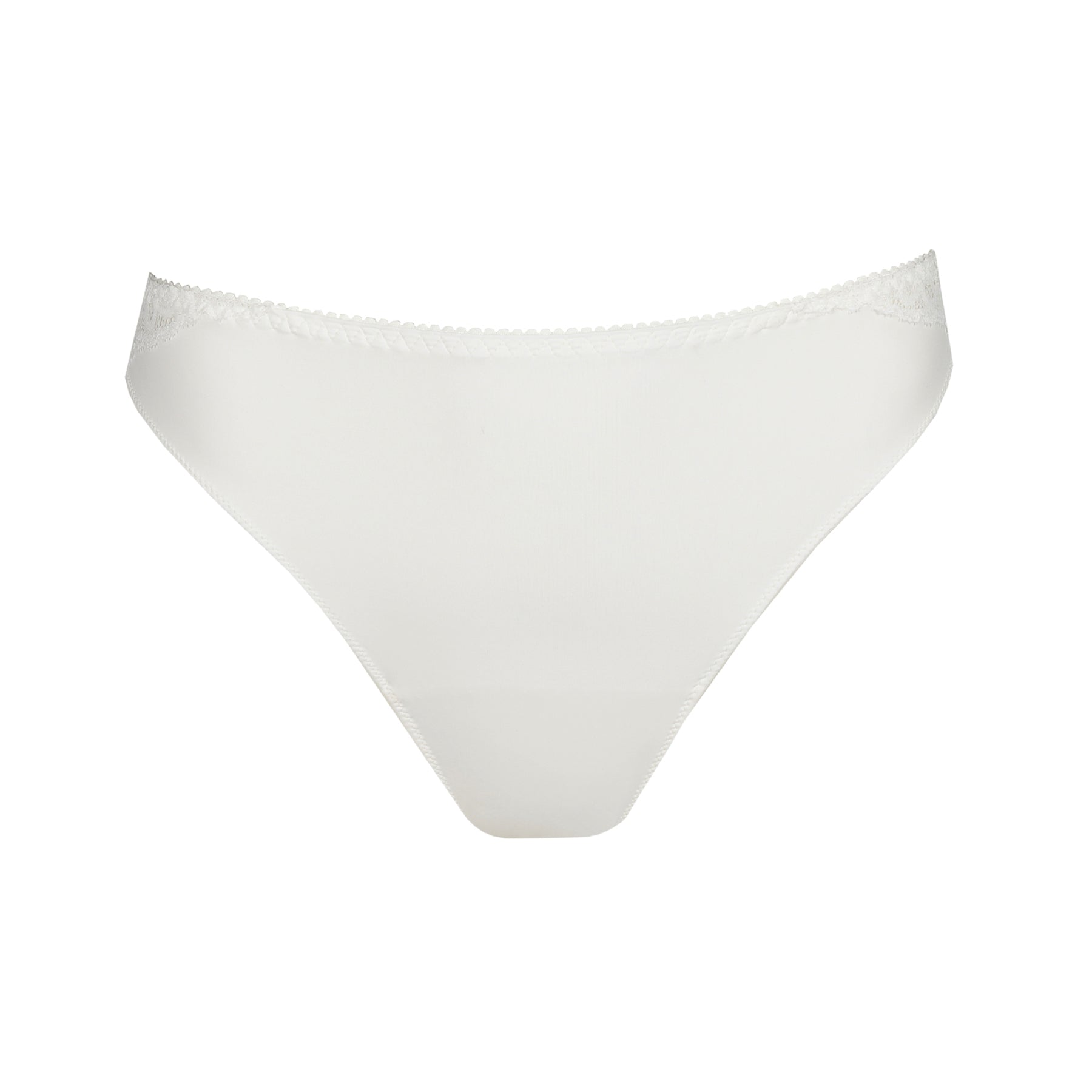 Front view of a white thong featuring a smooth, seamless panel with minimal lace trim at the sides.