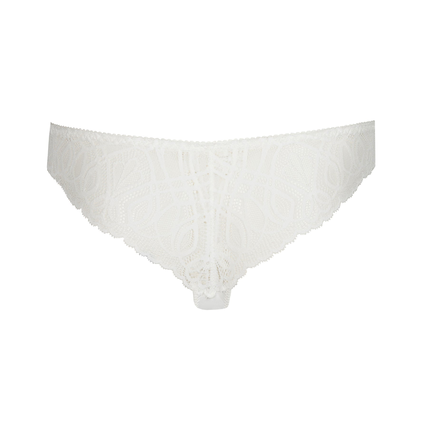 Rear view of the thong showing the full lace panel with a delicate floral geometric pattern.