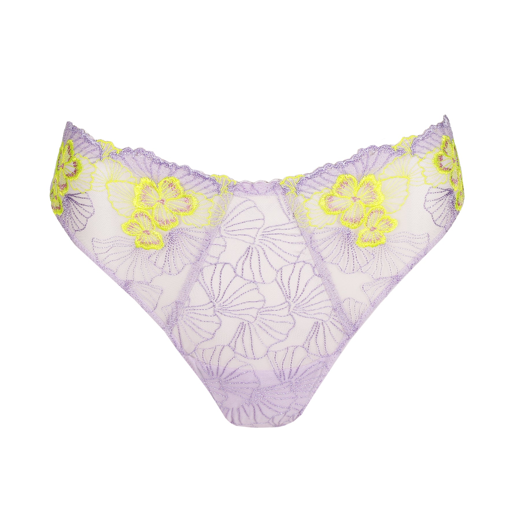 Flat lay of wisteria lace thong with sheer lavender mesh and neon yellow floral embroidery detailing.