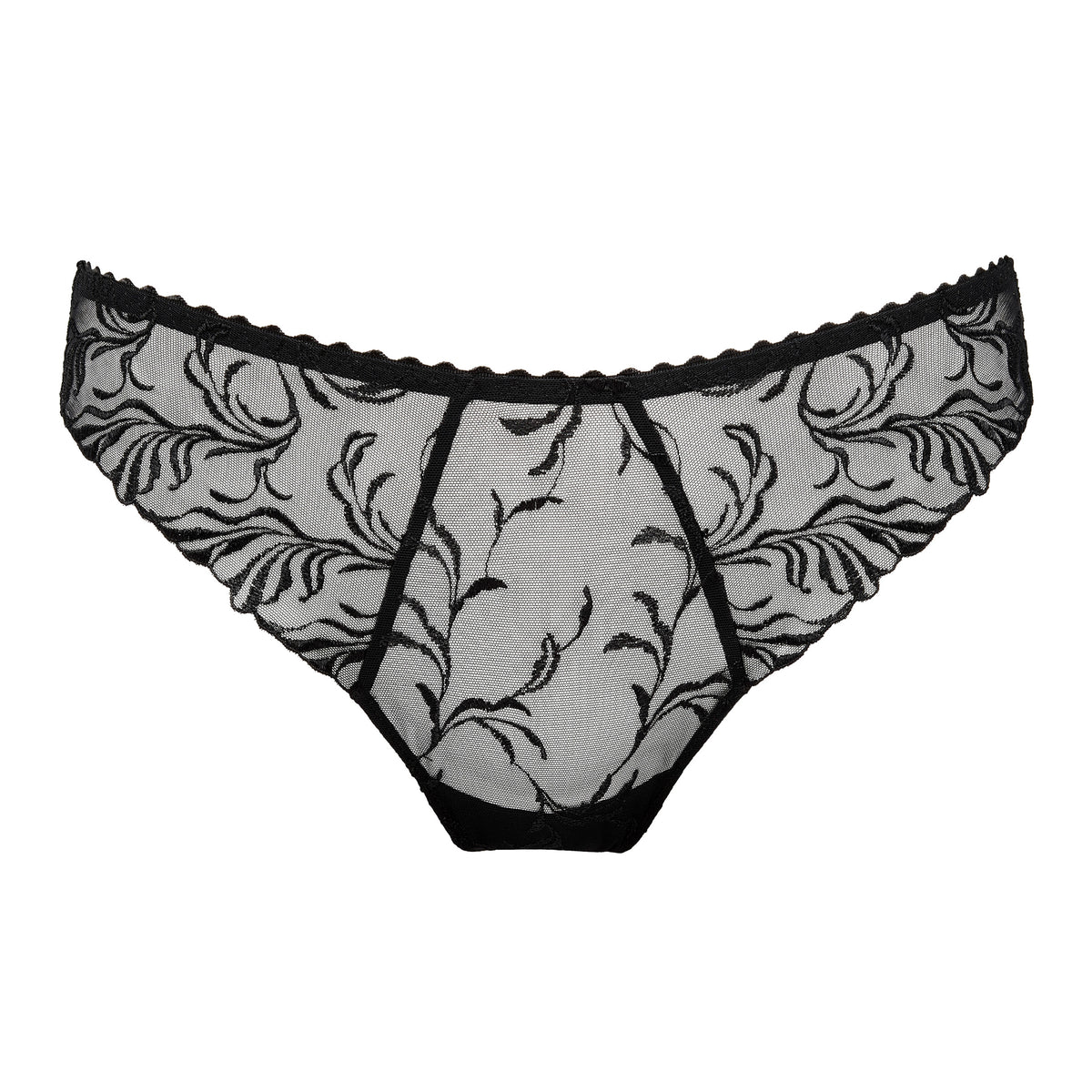 PrimaDonna Solisse Thong in black with transparent tulle, tonal floral embroidery and delicate scalloped trim.
