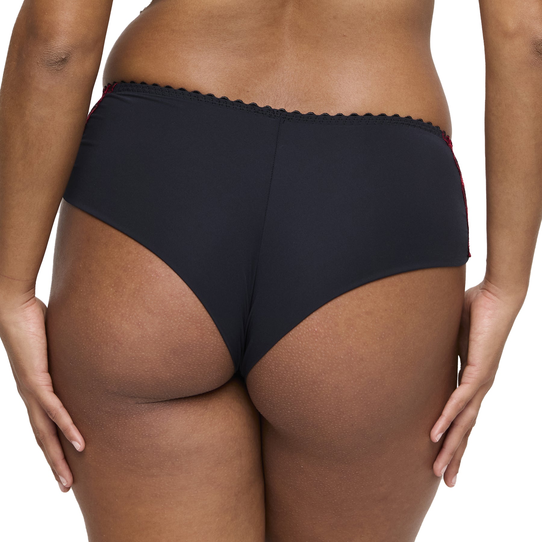 Back view of black lace embroidered brief showing smooth microfiber finish and scalloped waistband.