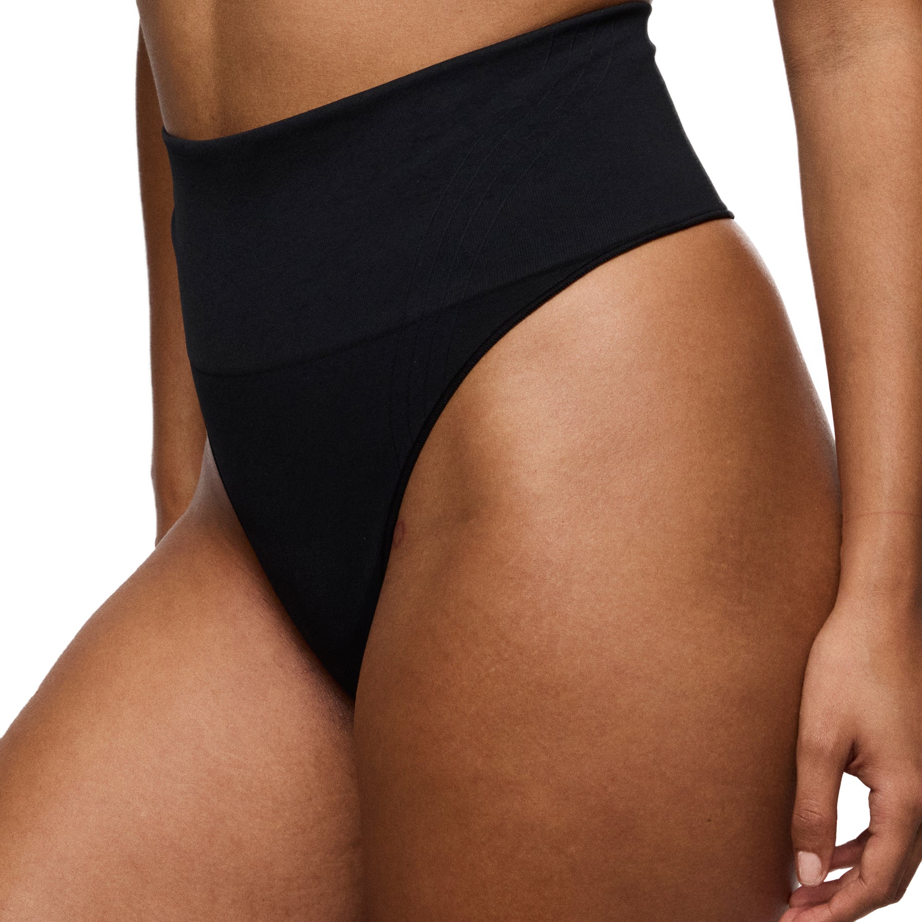 Black high-waisted bikini bottom on a neutral background