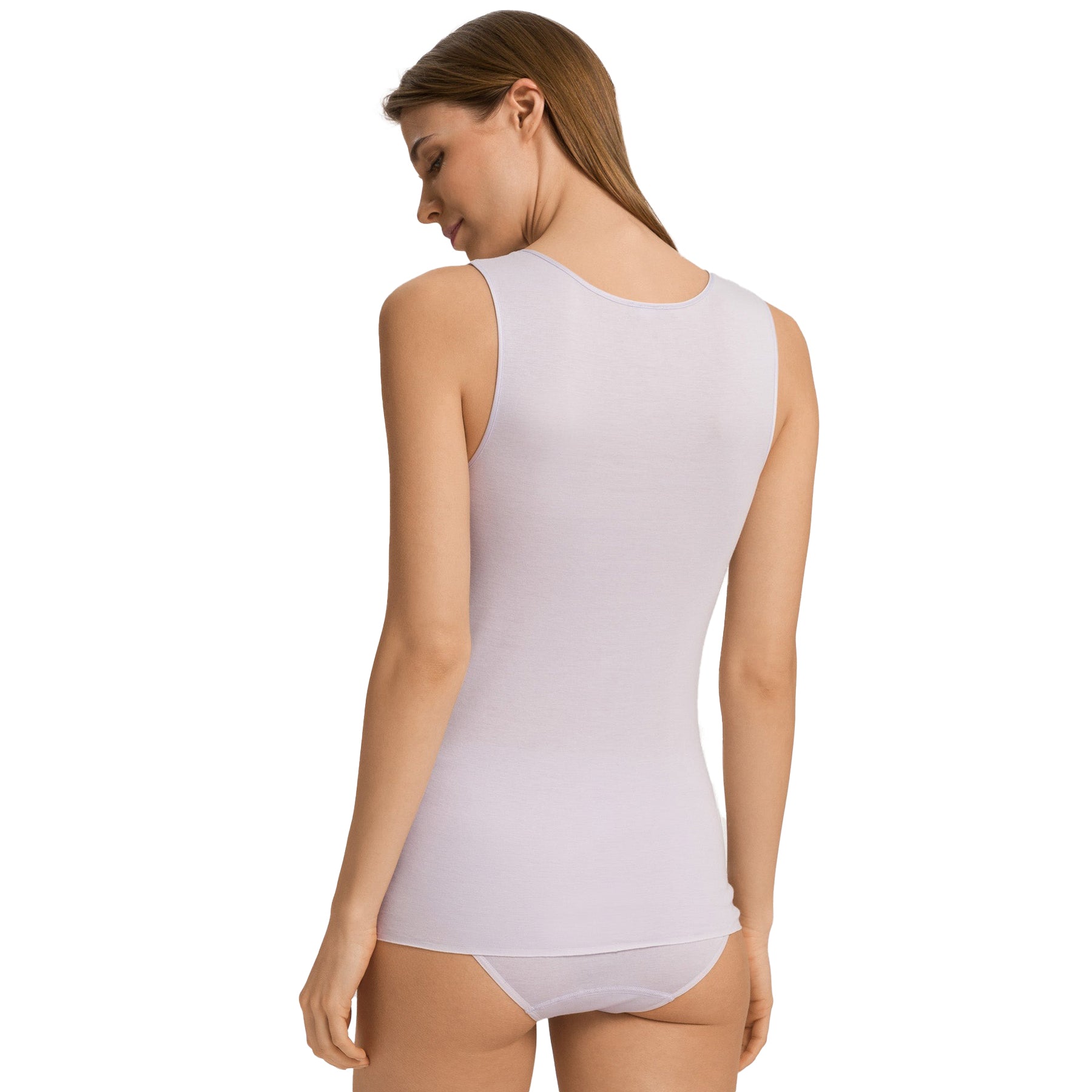 Back view of woman wearing a light pink sleeveless tank top and matching brief, showing smooth, seamless fit.
