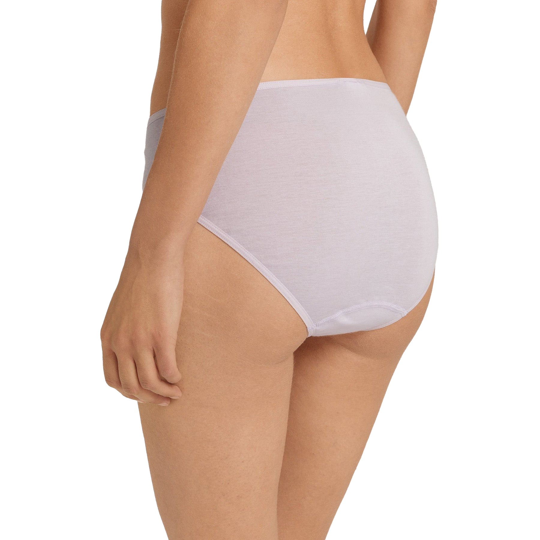Back view of lilac cotton brief on model, featuring smooth seamless finish and full coverage design.