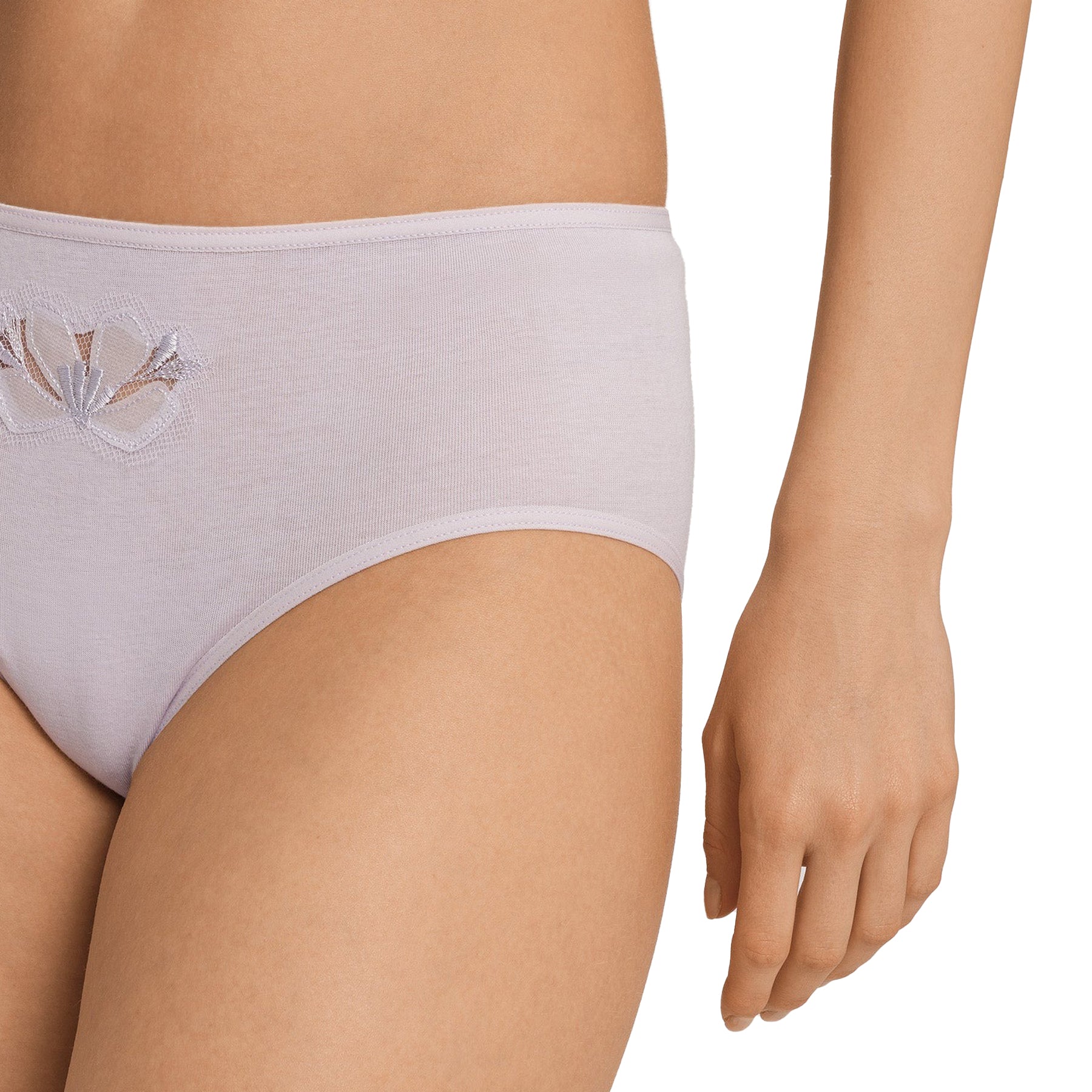 Side view of lilac embroidered full brief on model, showing fine stitching and elegant lace accent.