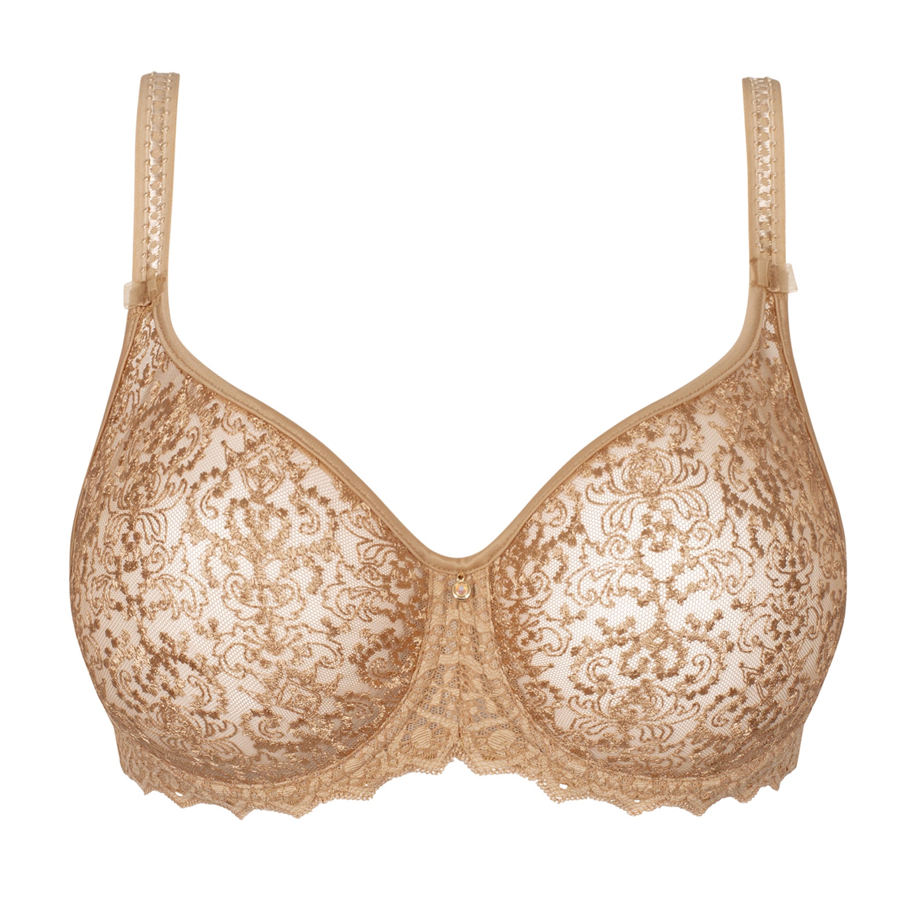 Empreinte Cassiopée Seamless Full Cup Bra in Gold with seamless embroidered cups, supportive underwire construction, delicate lace detailing, and a jewel accent at the centre gore.