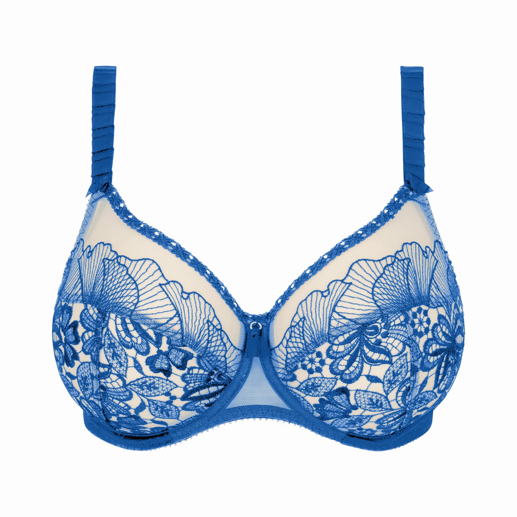 Agathe full cup embroidered bra in Bleu Lazuli featuring intricate floral lace on sheer tulle with underwire support.