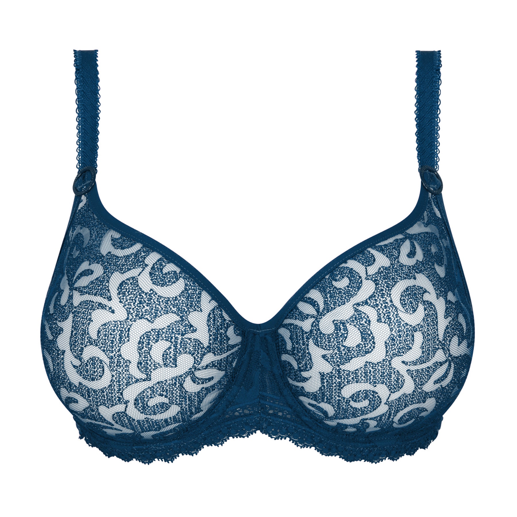Flat front view of the Empreinte full cup bra in teal blue with sheer embroidered lace and floral scroll pattern.