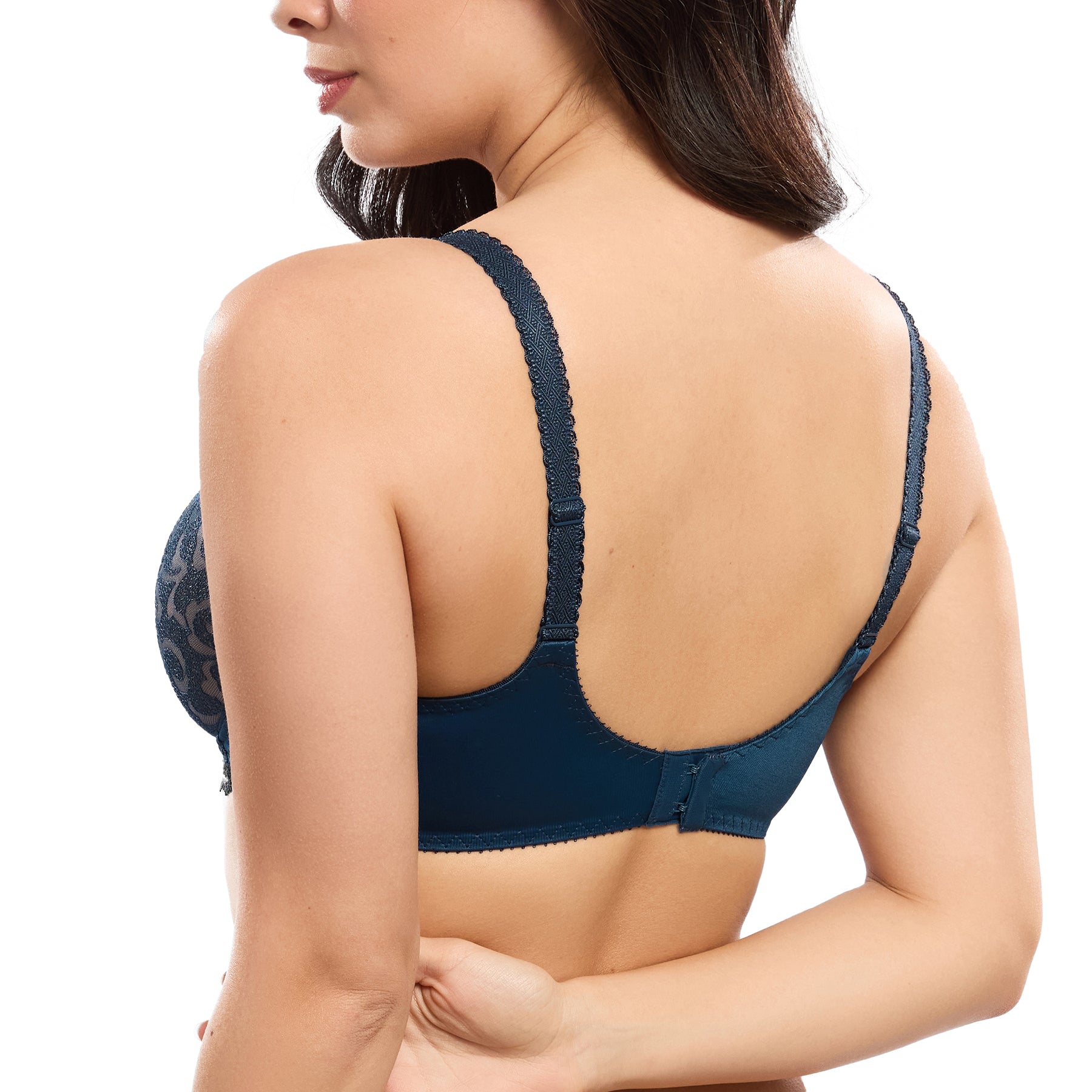 Back view of a model wearing the Empreinte full cup lace bra.