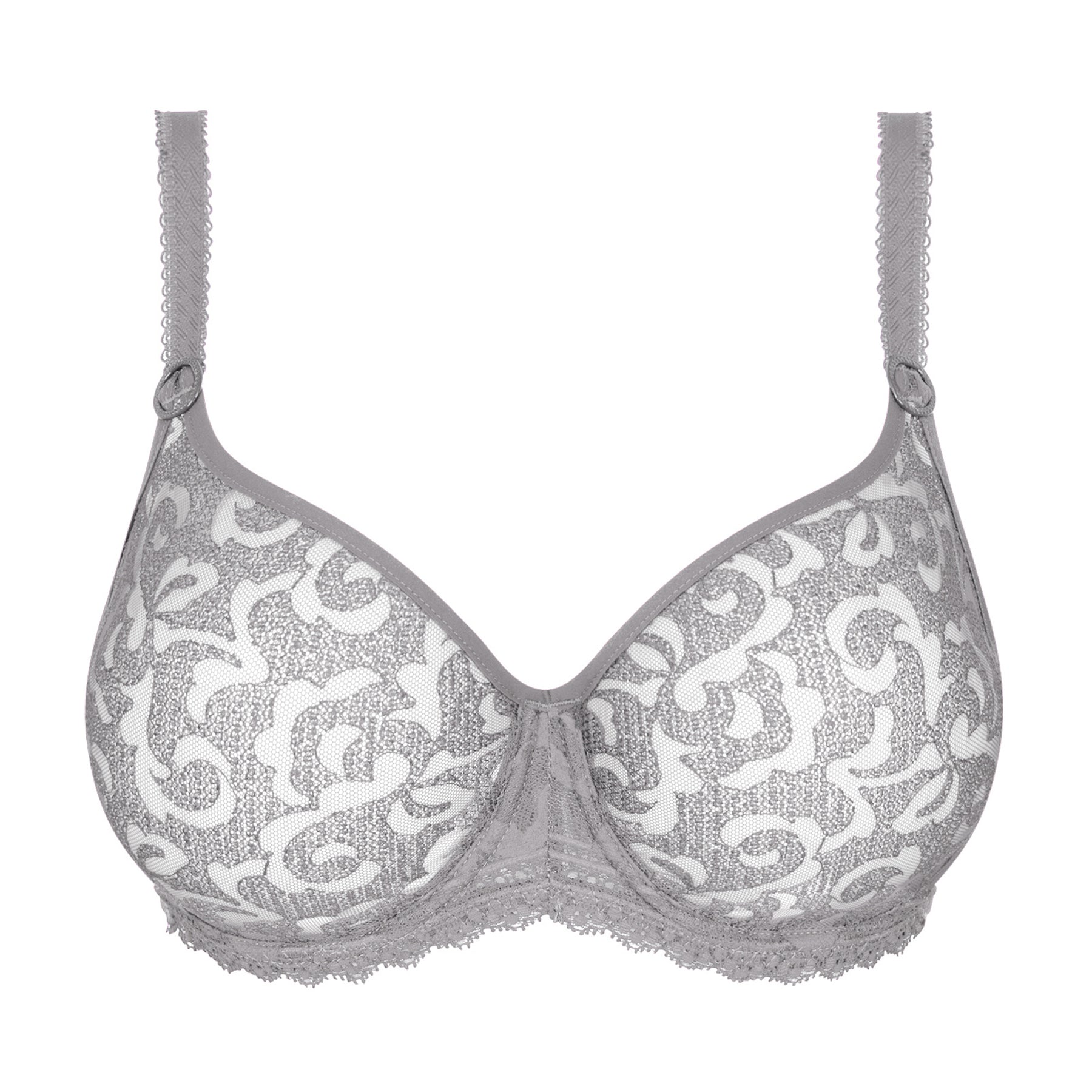 Flat lay of the Empreinte Leia full cup bra in Platinum featuring seamless floral embroidered cups, supportive underwire, scalloped lace underband, and sophisticated French lingerie design.