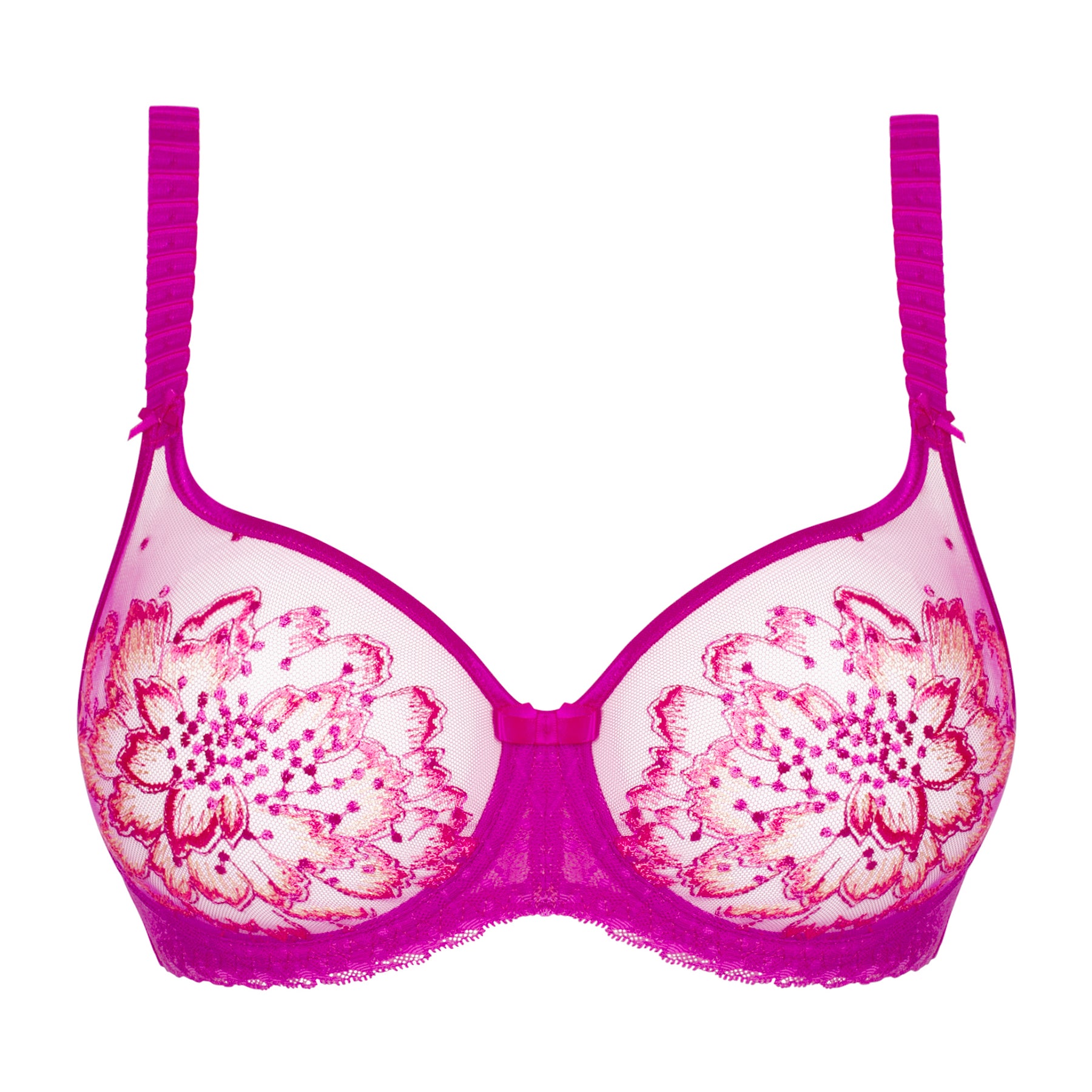 Front view of fuchsia mesh bra with floral embroidery, sheer cups, and decorative centre bow.